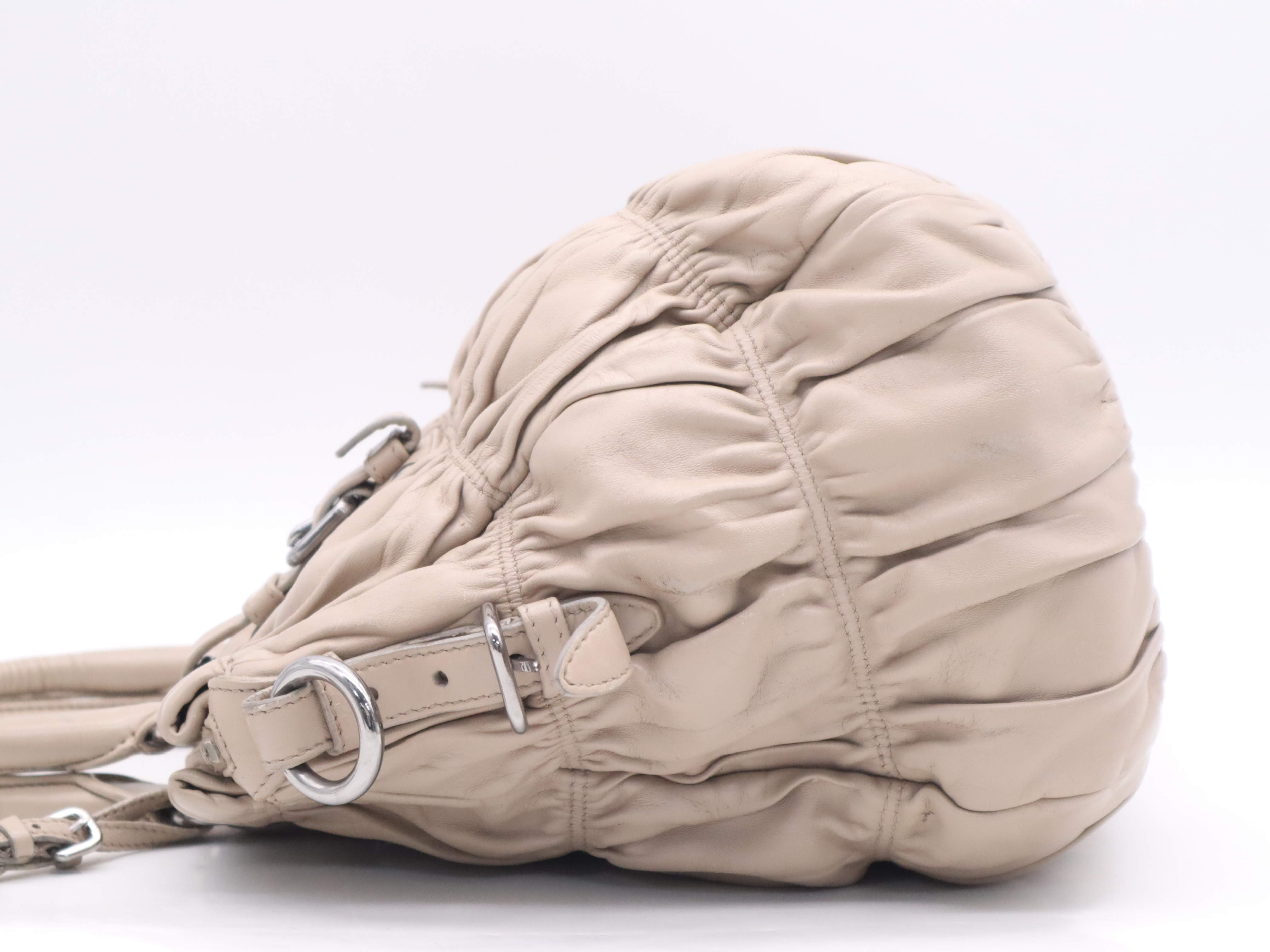 Leather Logo Gathered Tote Bag, Beige, with Shoulder Strap and Name Tag. — view 3