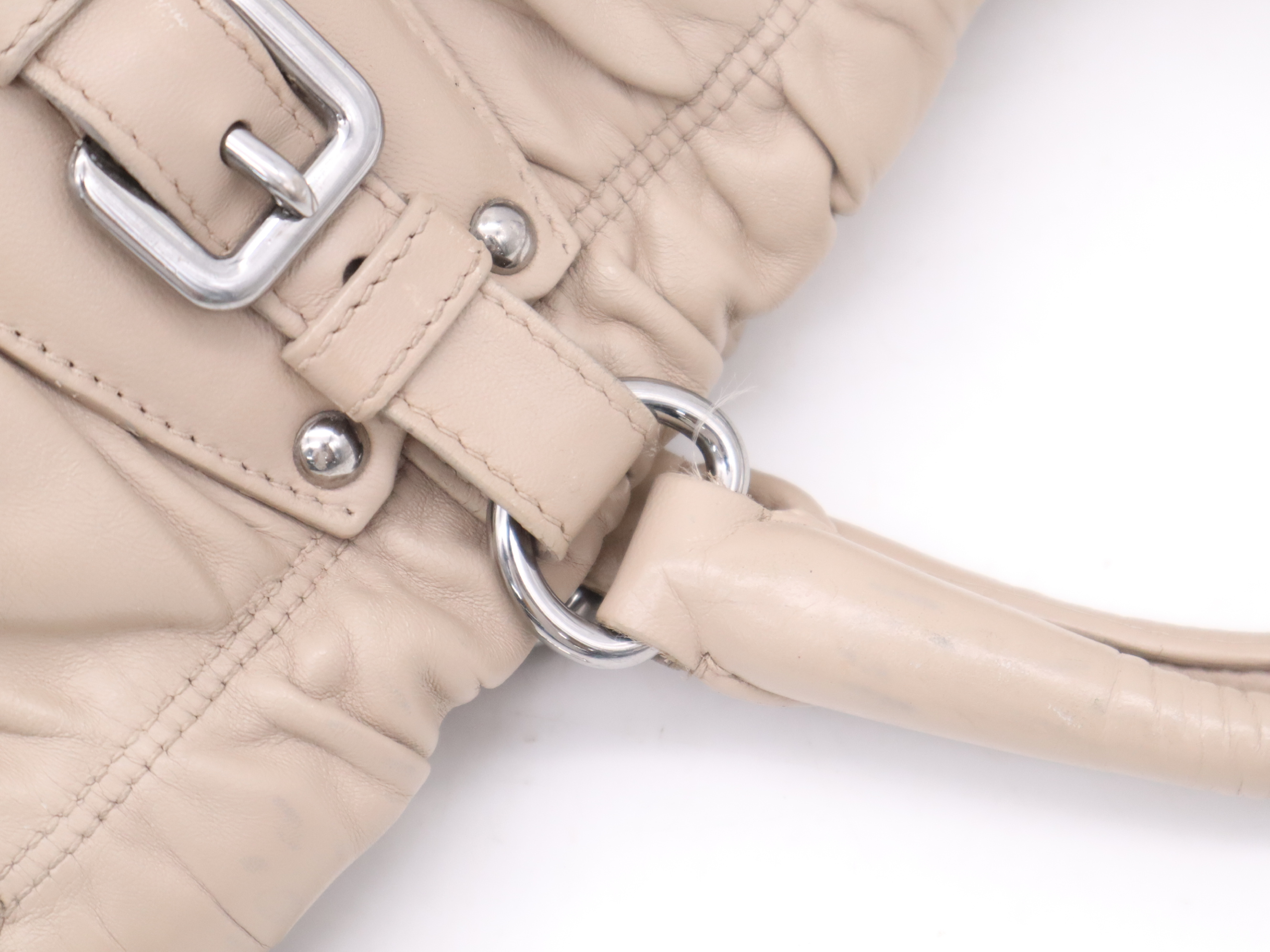 Leather Logo Gathered Tote Bag, Beige, with Shoulder Strap and Name Tag. — view 7