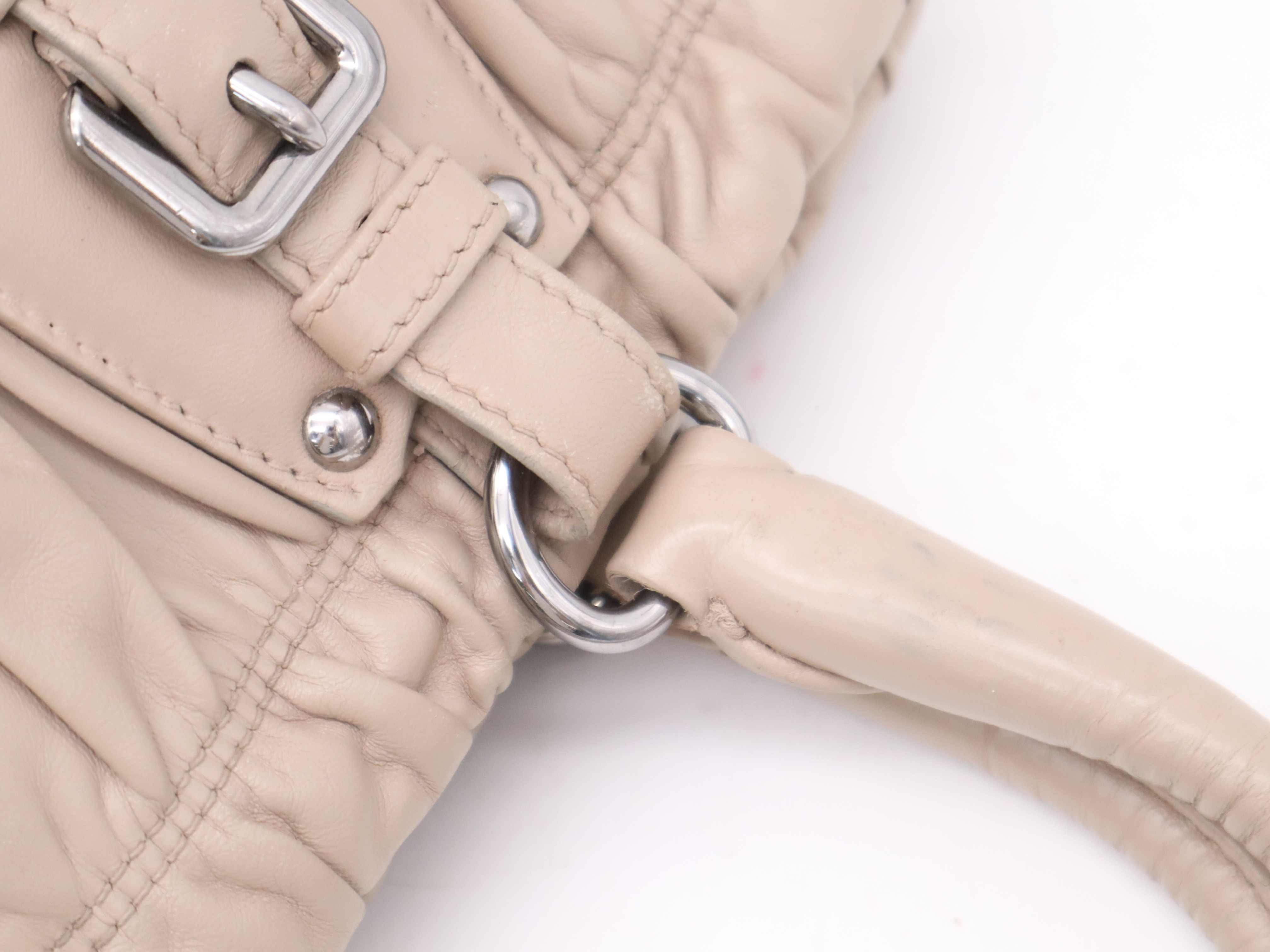 Leather Logo Gathered Tote Bag, Beige, with Shoulder Strap and Name Tag. — view 8