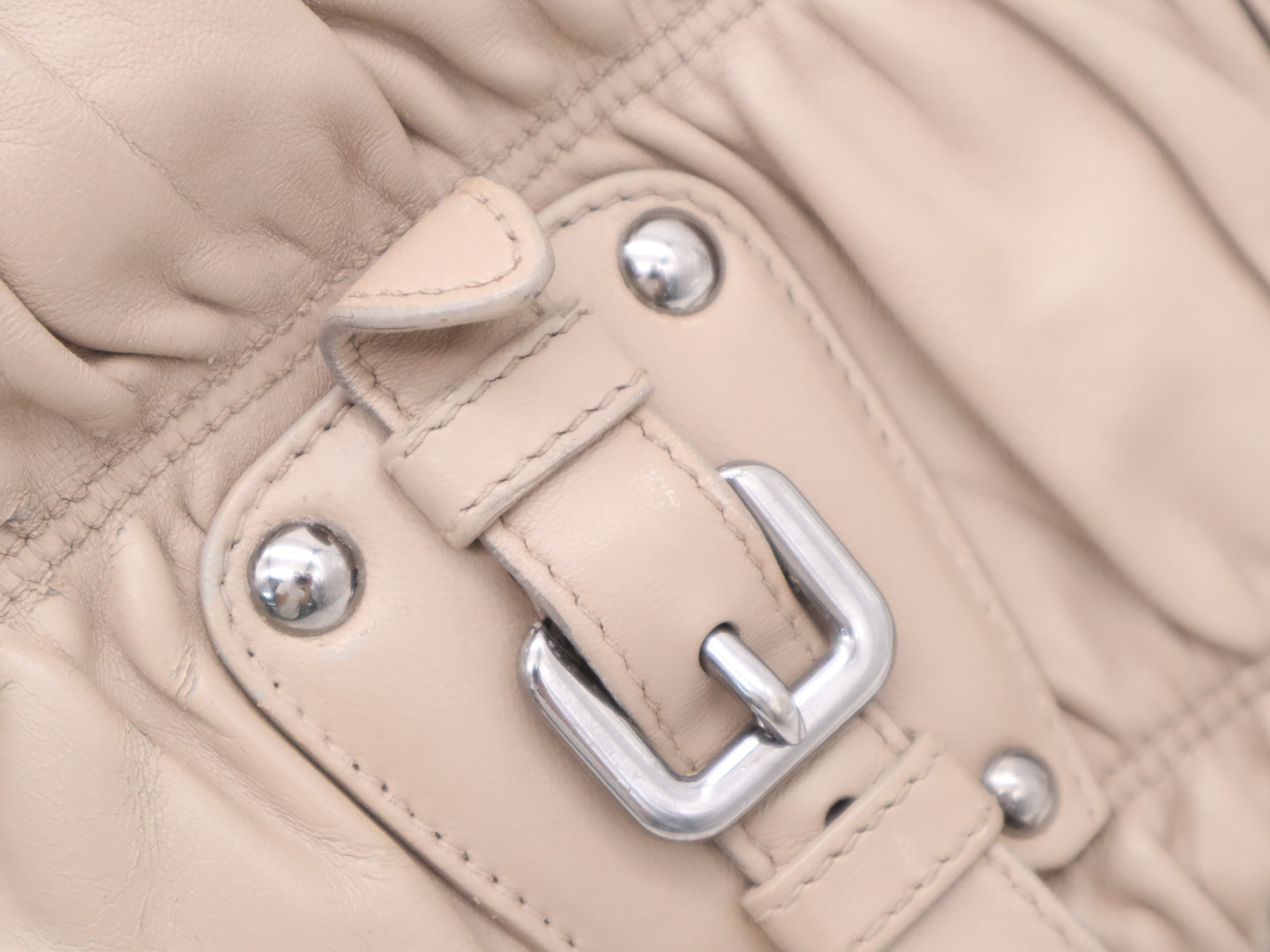 Leather Logo Gathered Tote Bag, Beige, with Shoulder Strap and Name Tag. — view 9