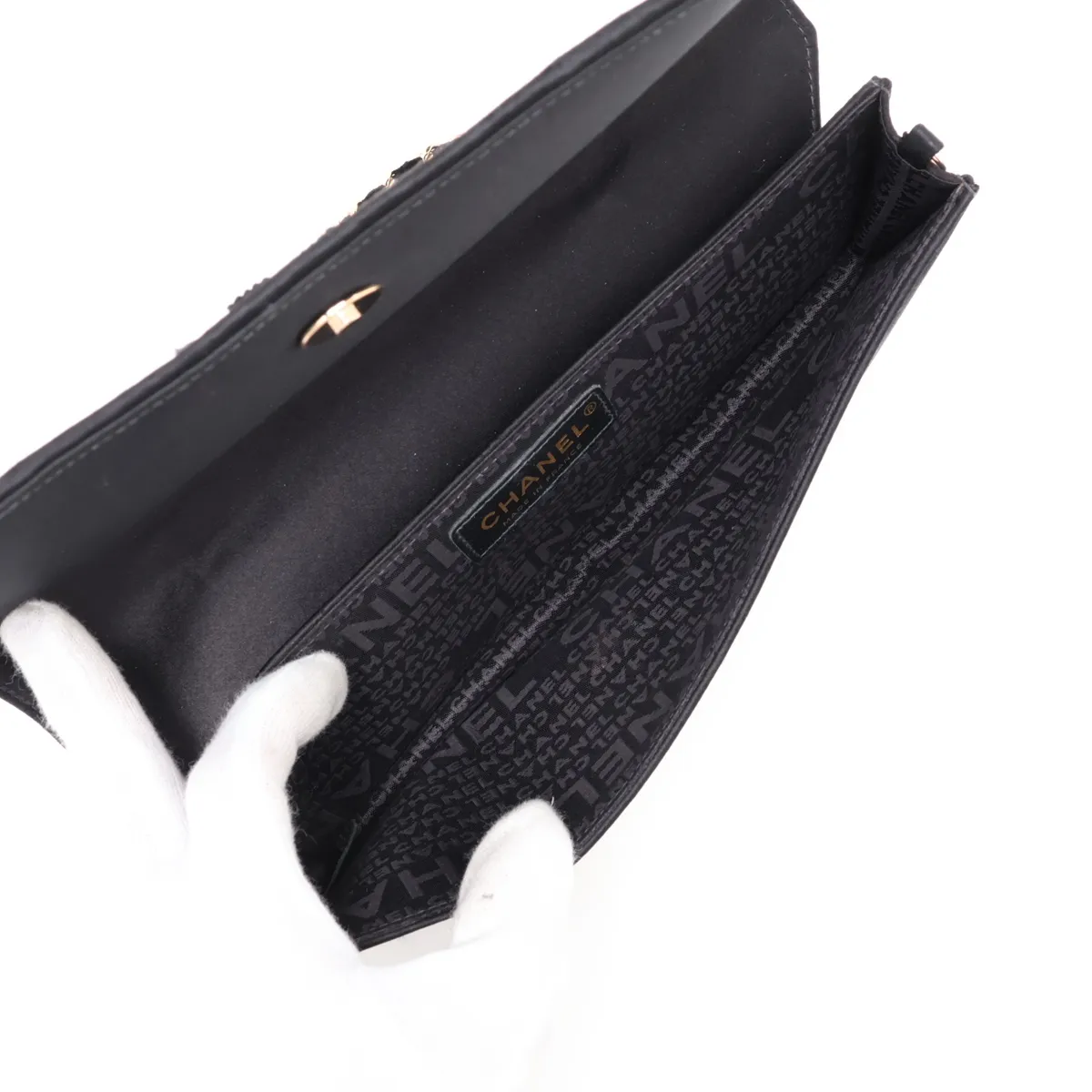 Satin Chain Shoulder Bag, Black with Gold Hardware, 9504476, Series 9 — view 7