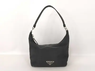 Nylon Handbag Pouch with Triangle Logo, Black