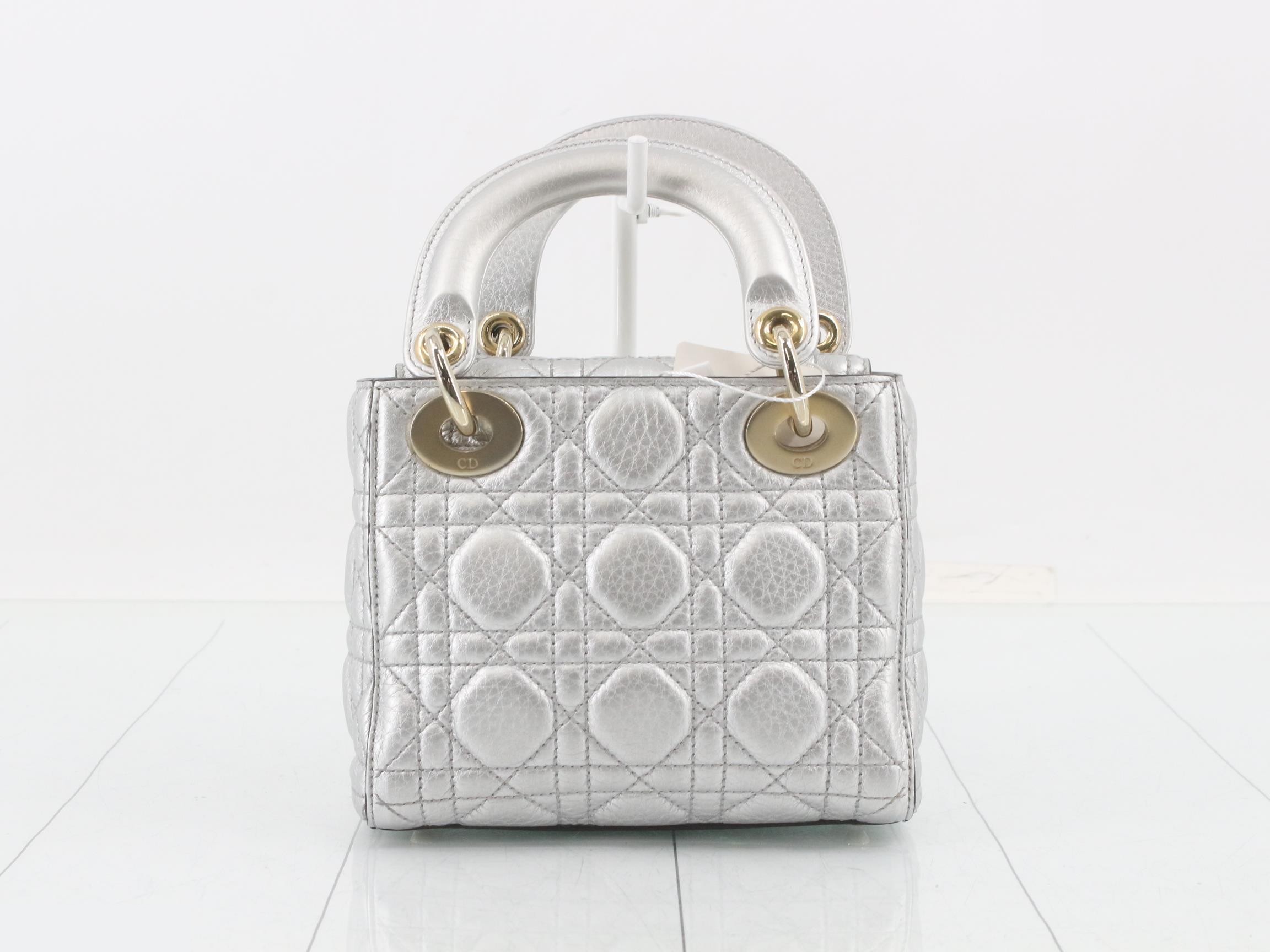 Lady Dior Canage Lamb 2-Way Handbag, Silver Color — view 2