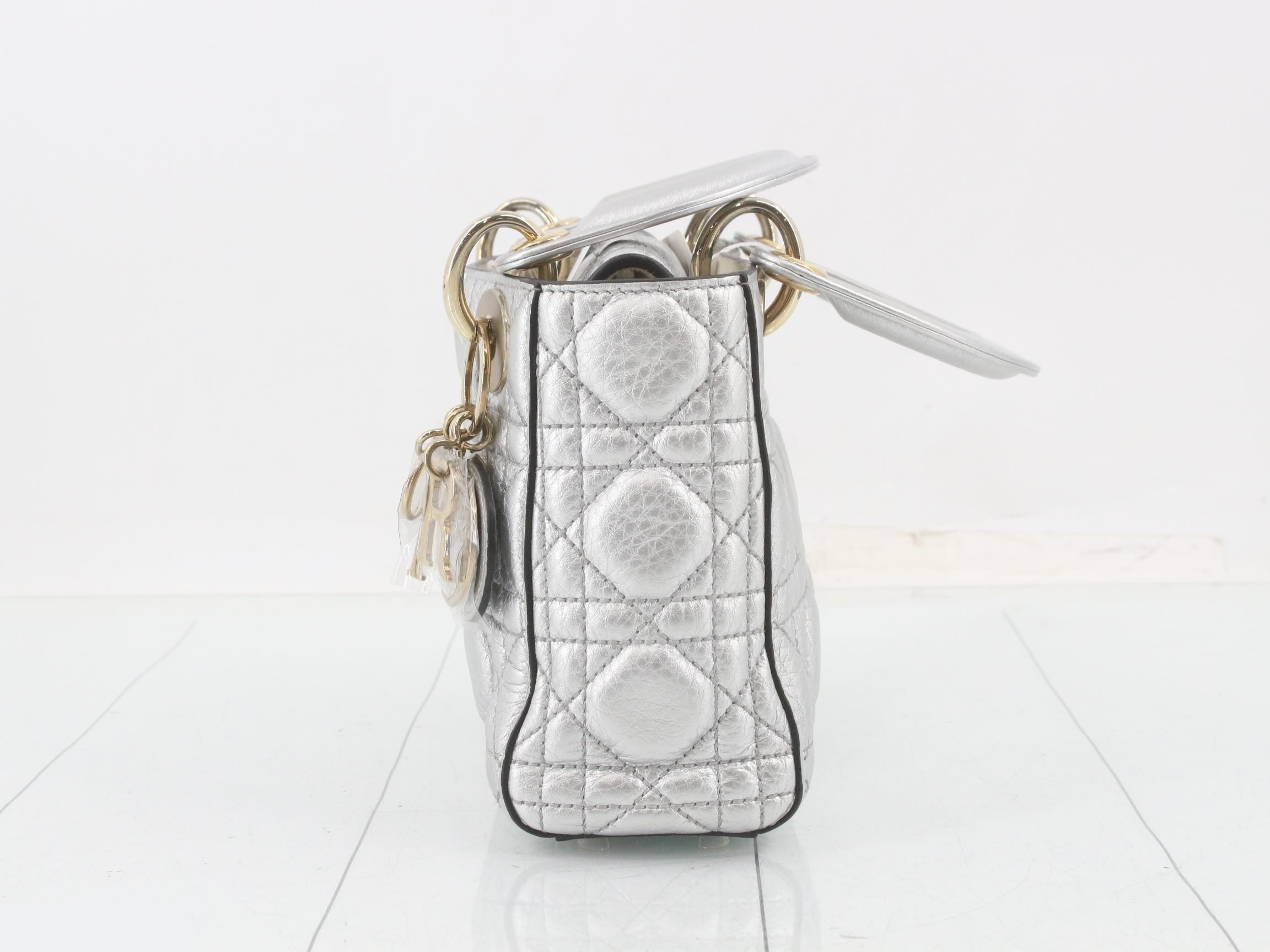 Lady Dior Canage Lamb 2-Way Handbag, Silver Color — view 3