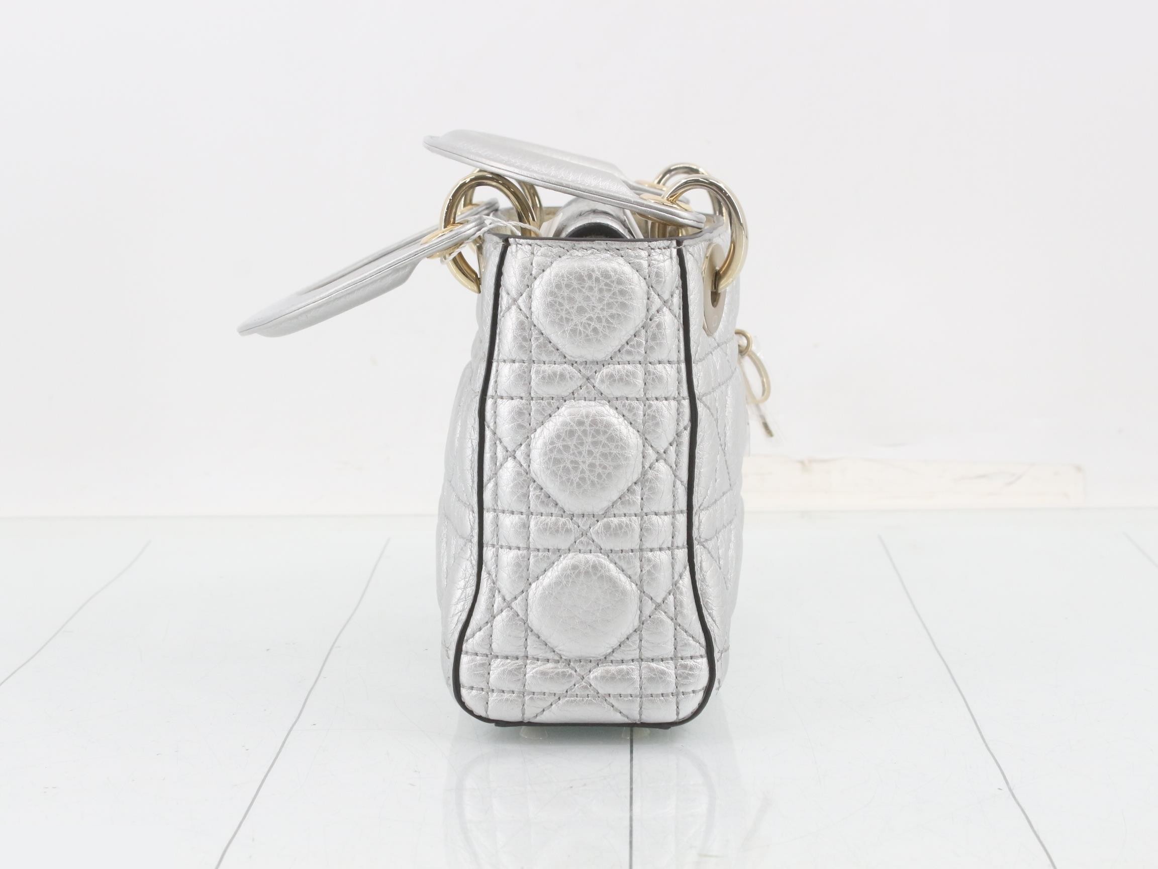 Lady Dior Canage Lamb 2-Way Handbag, Silver Color — view 4