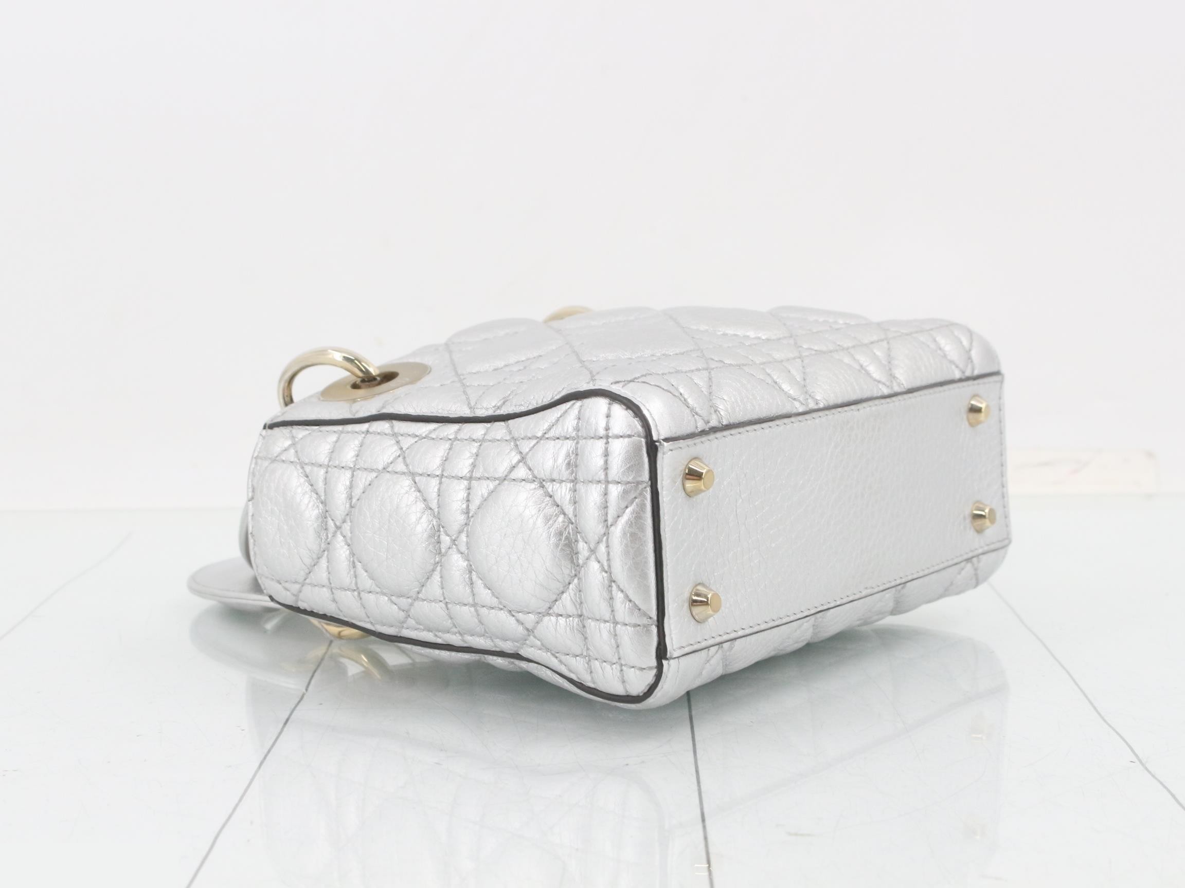Lady Dior Canage Lamb 2-Way Handbag, Silver Color — view 5