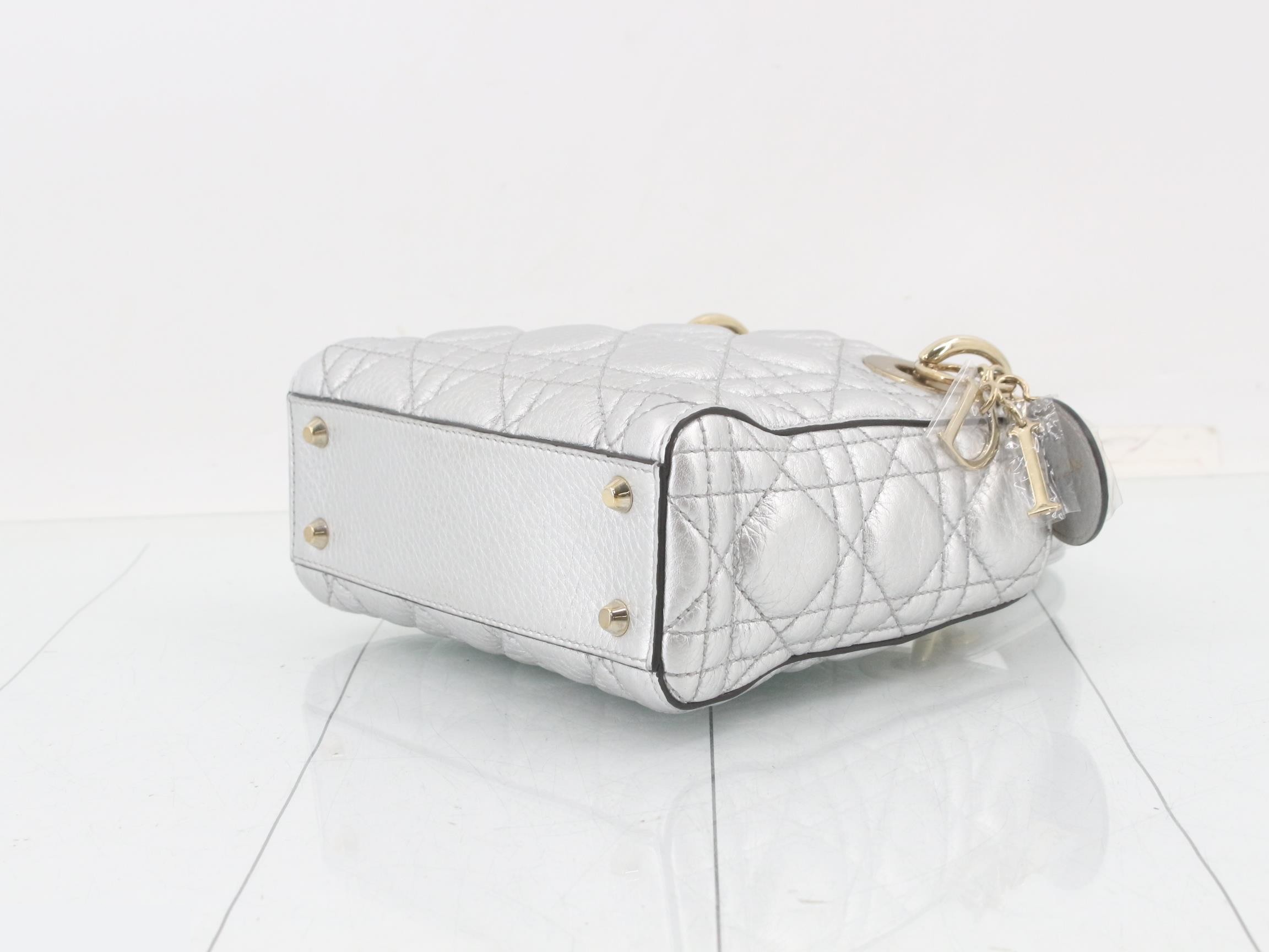 Lady Dior Canage Lamb 2-Way Handbag, Silver Color — view 6