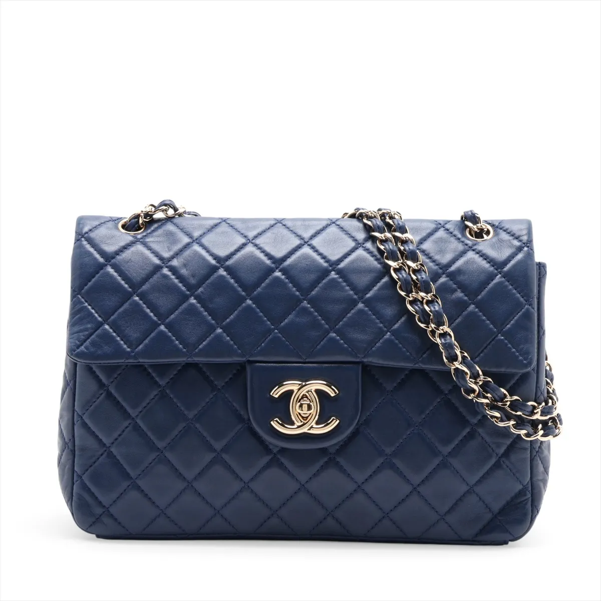 Matelassé Lambskin Single Flap Double Chain Bag, Navy, Gold Hardware, 12640904, Series 12