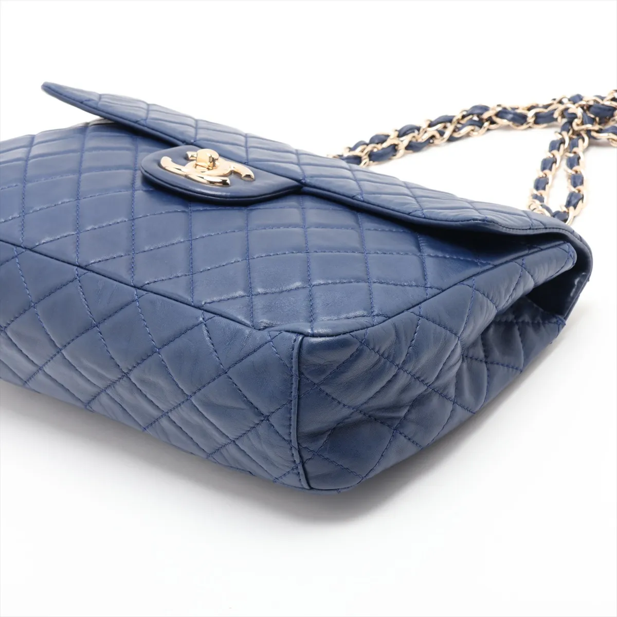 Matelassé Lambskin Single Flap Double Chain Bag, Navy, Gold Hardware, 12640904, Series 12 — view 3
