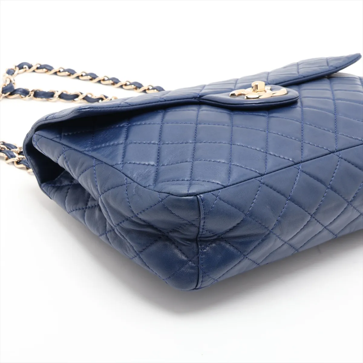 Matelassé Lambskin Single Flap Double Chain Bag, Navy, Gold Hardware, 12640904, Series 12 — view 4
