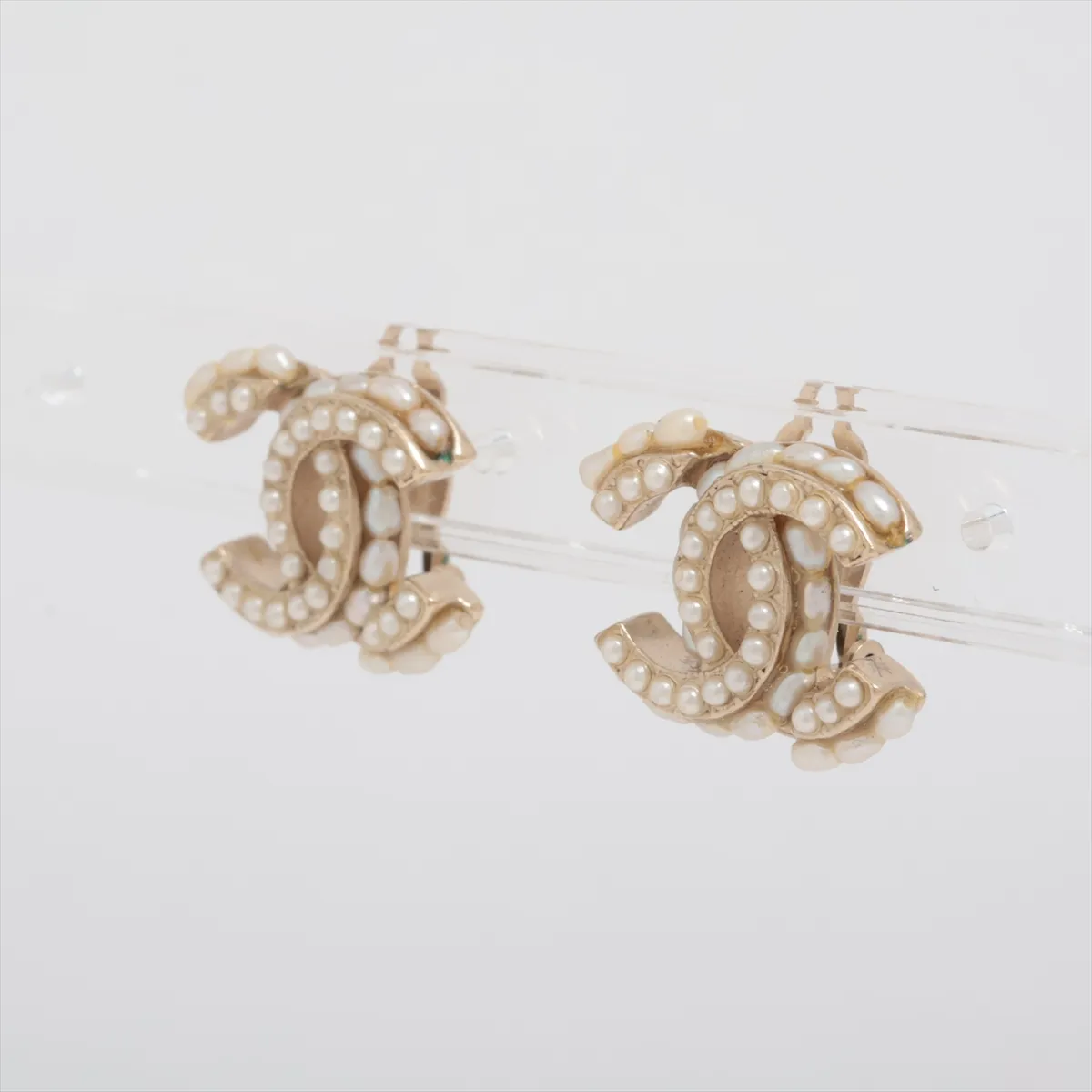Coco Mark A15B Earrings (Pair) GP x Faux Pearl Gold. Shows wear, tarnishing, — view 3