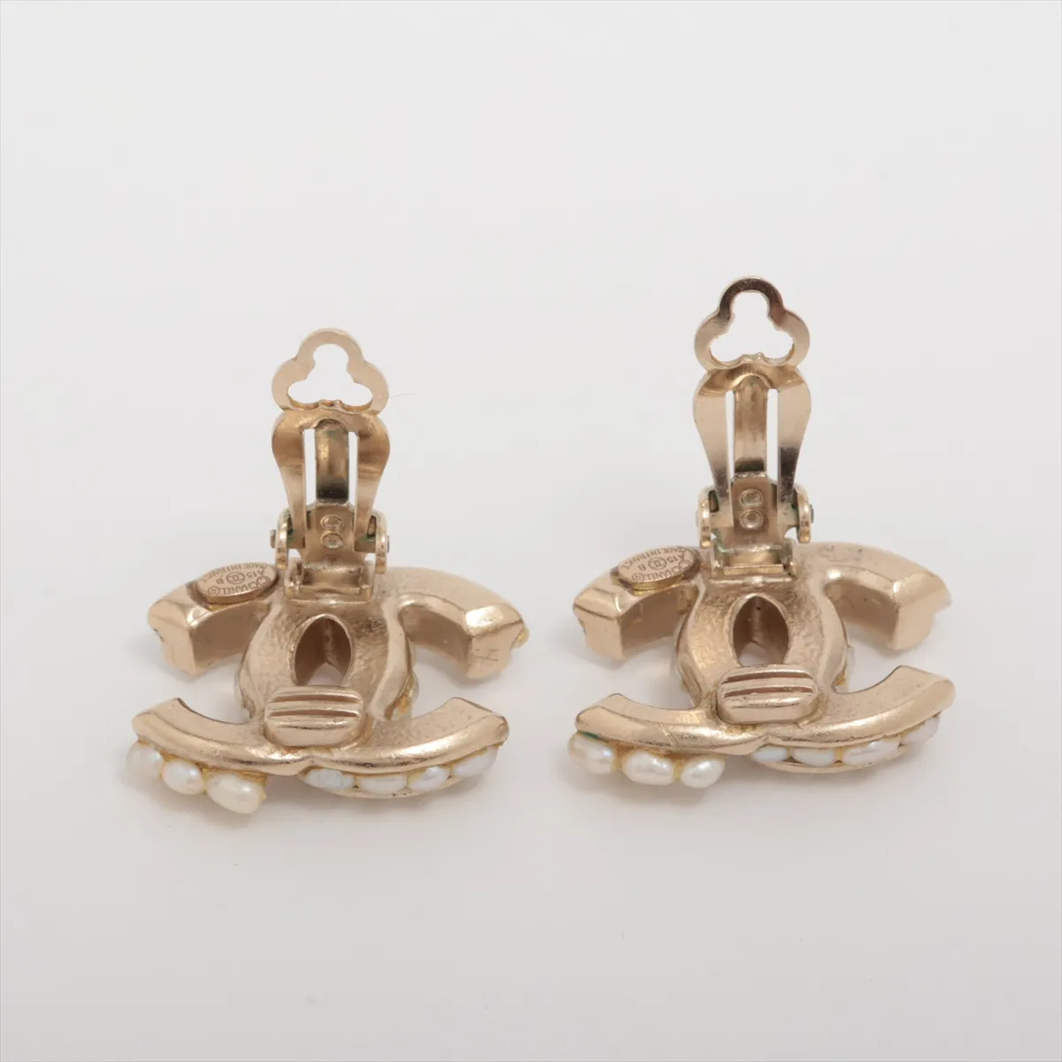 Coco Mark A15B Earrings (Pair) GP x Faux Pearl Gold. Shows wear, tarnishing, — view 4