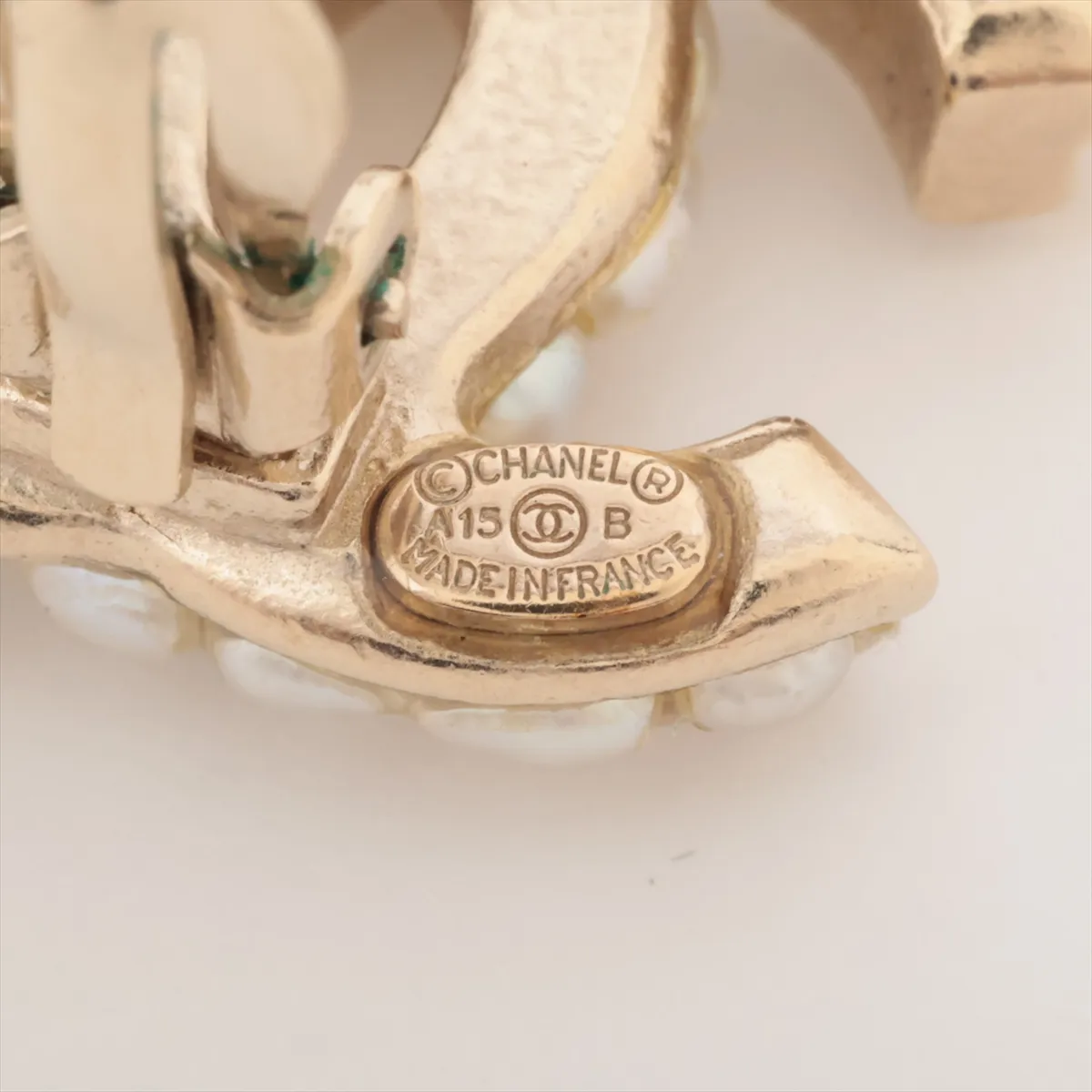 Coco Mark A15B Earrings (Pair) GP x Faux Pearl Gold. Shows wear, tarnishing, — view 5