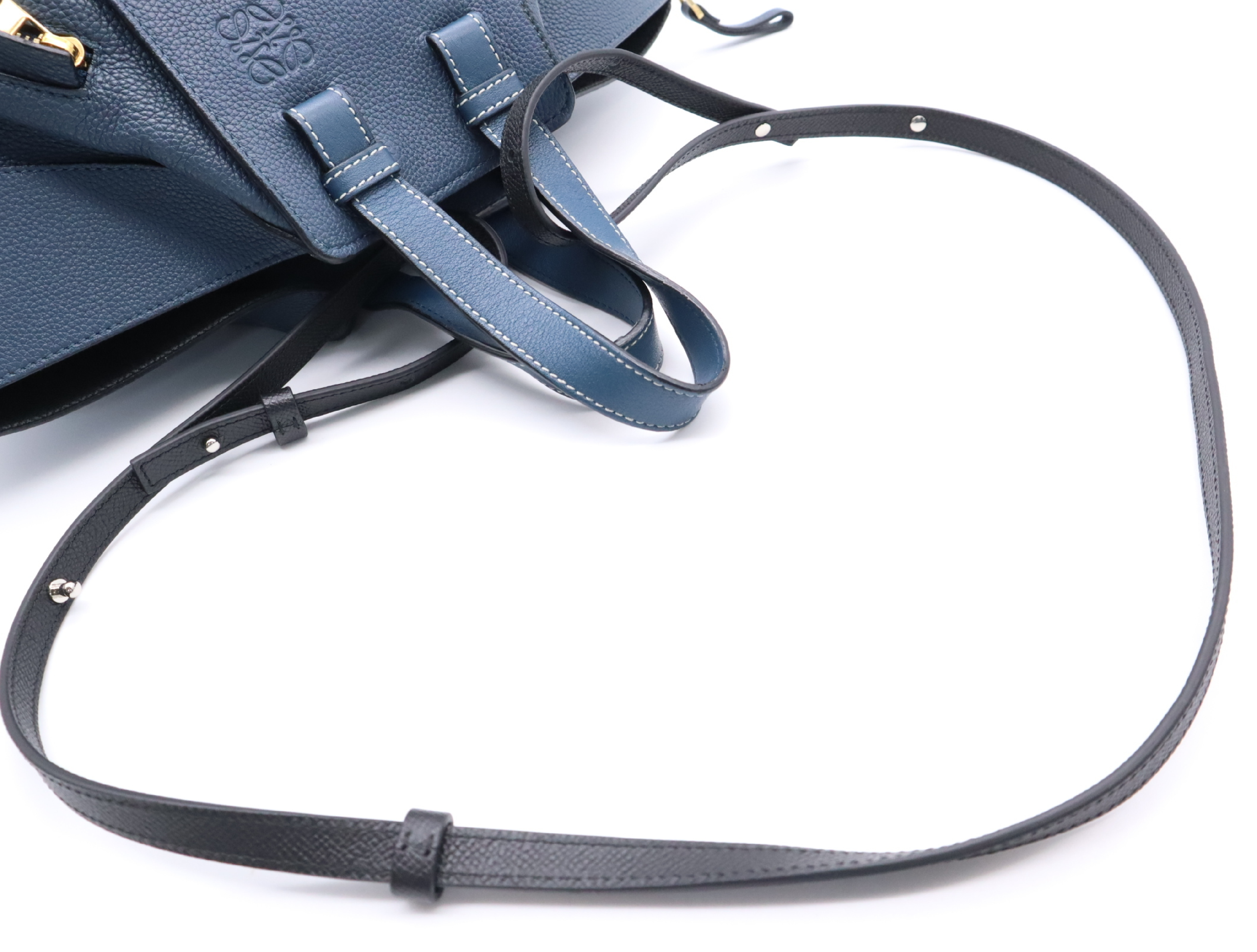 Leather Hammock 2-Way Shoulder Bag, Blue, Gold Hardware, with Shoulder Strap. — view 10