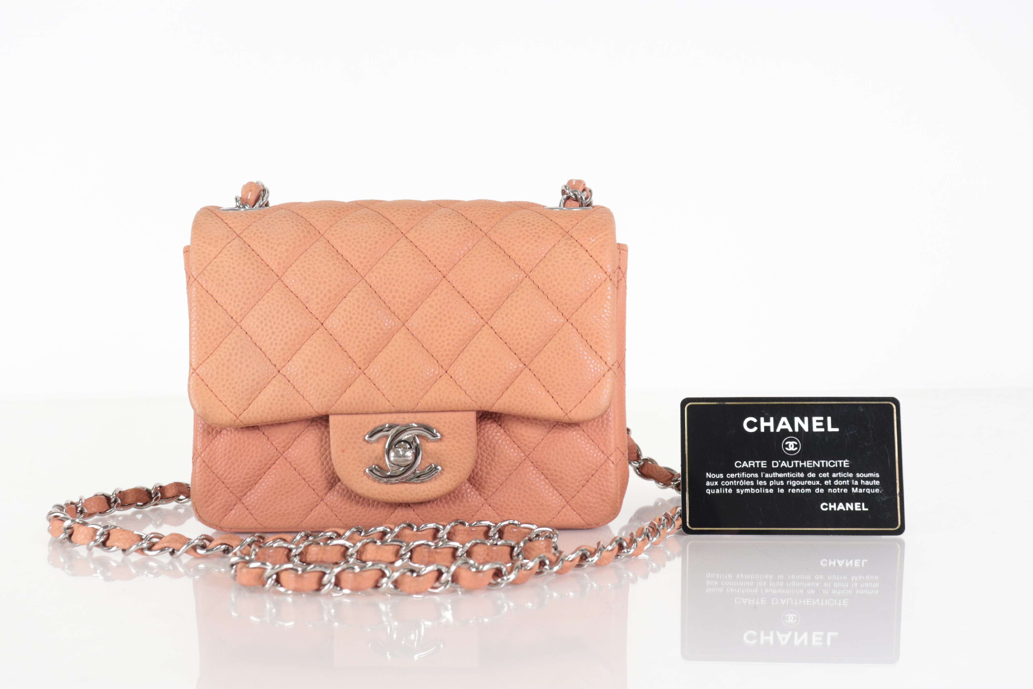 Mini Mat Caviar Chain Shoulder Bag, Pink Orange, Silver Hardware, Serial Number 17 Series