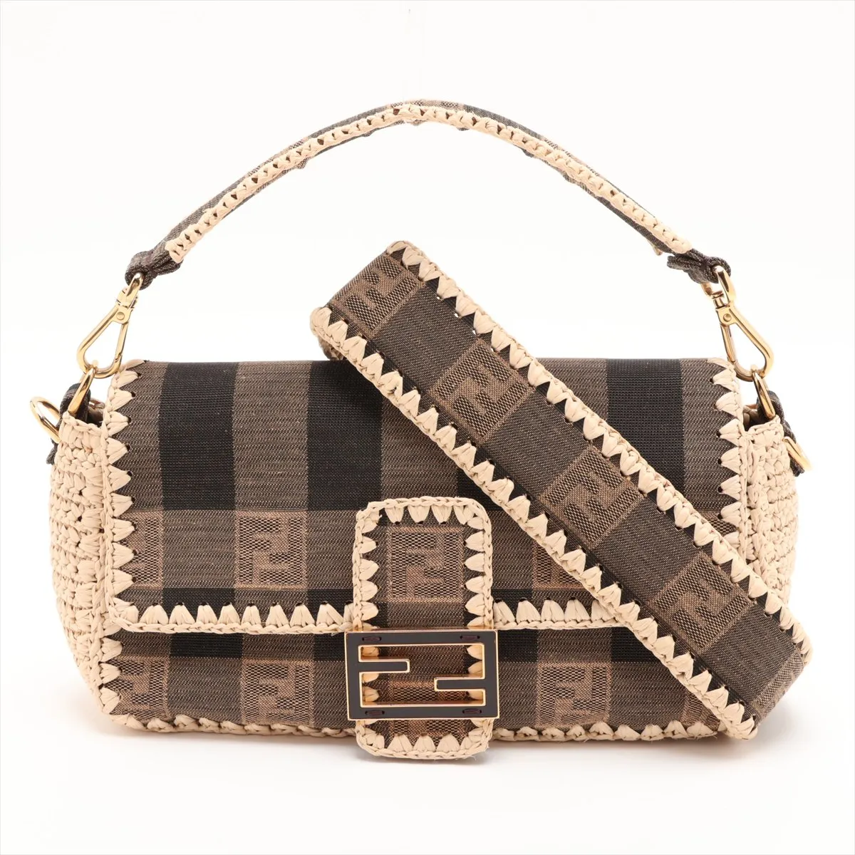 Mamma Bucket 8BR600 Canvas x Raffia 2-Way Shoulder Bag Brown