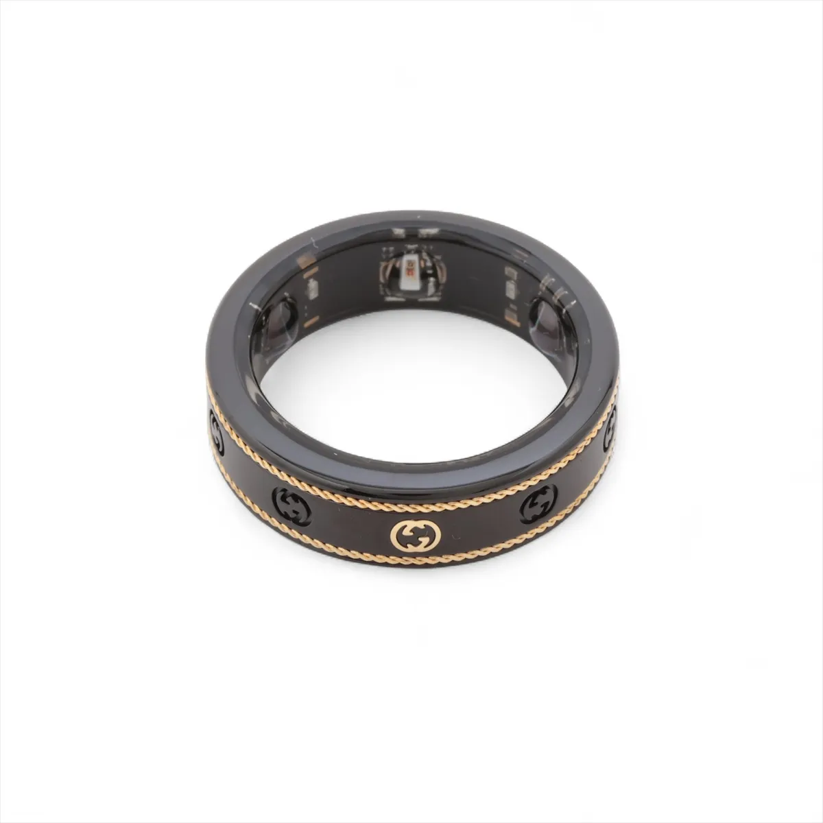 x Aura Interlocking G Ring, Size 12, Titanium, Black x Gold. Shows