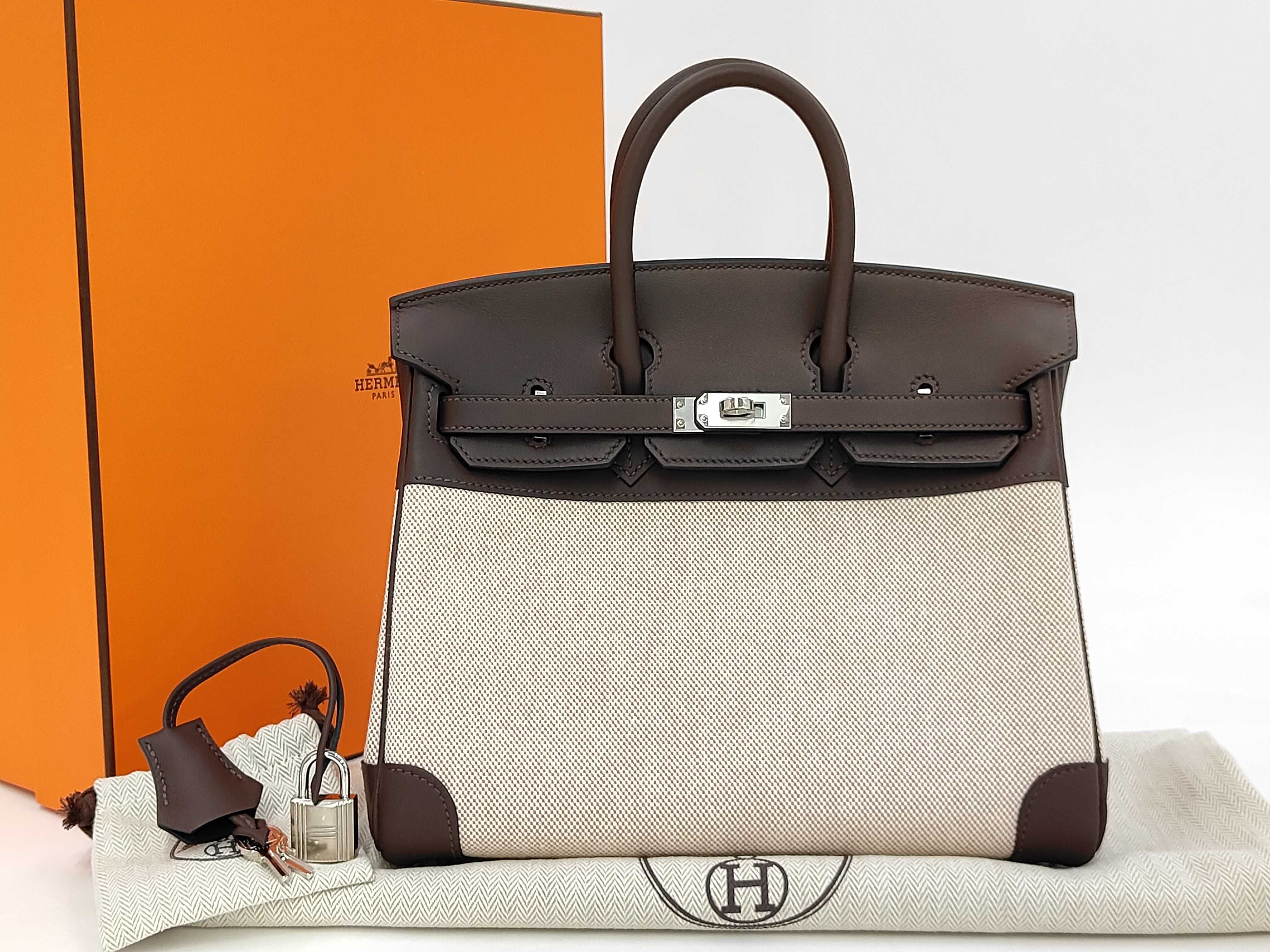 Birkin 25 Toile/Swift Brown Silver Hardware B Engraved Handbag