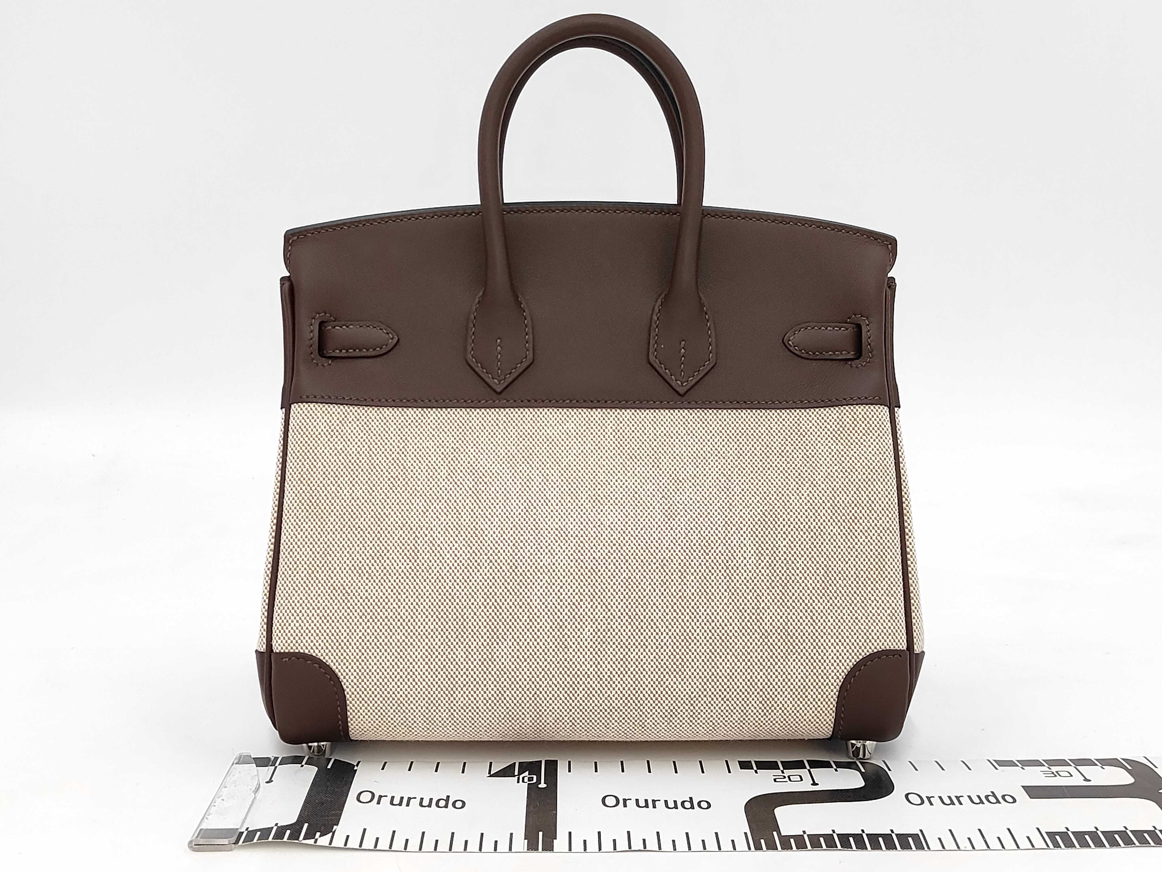 Birkin 25 Toile/Swift Brown Silver Hardware B Engraved Handbag — view 2