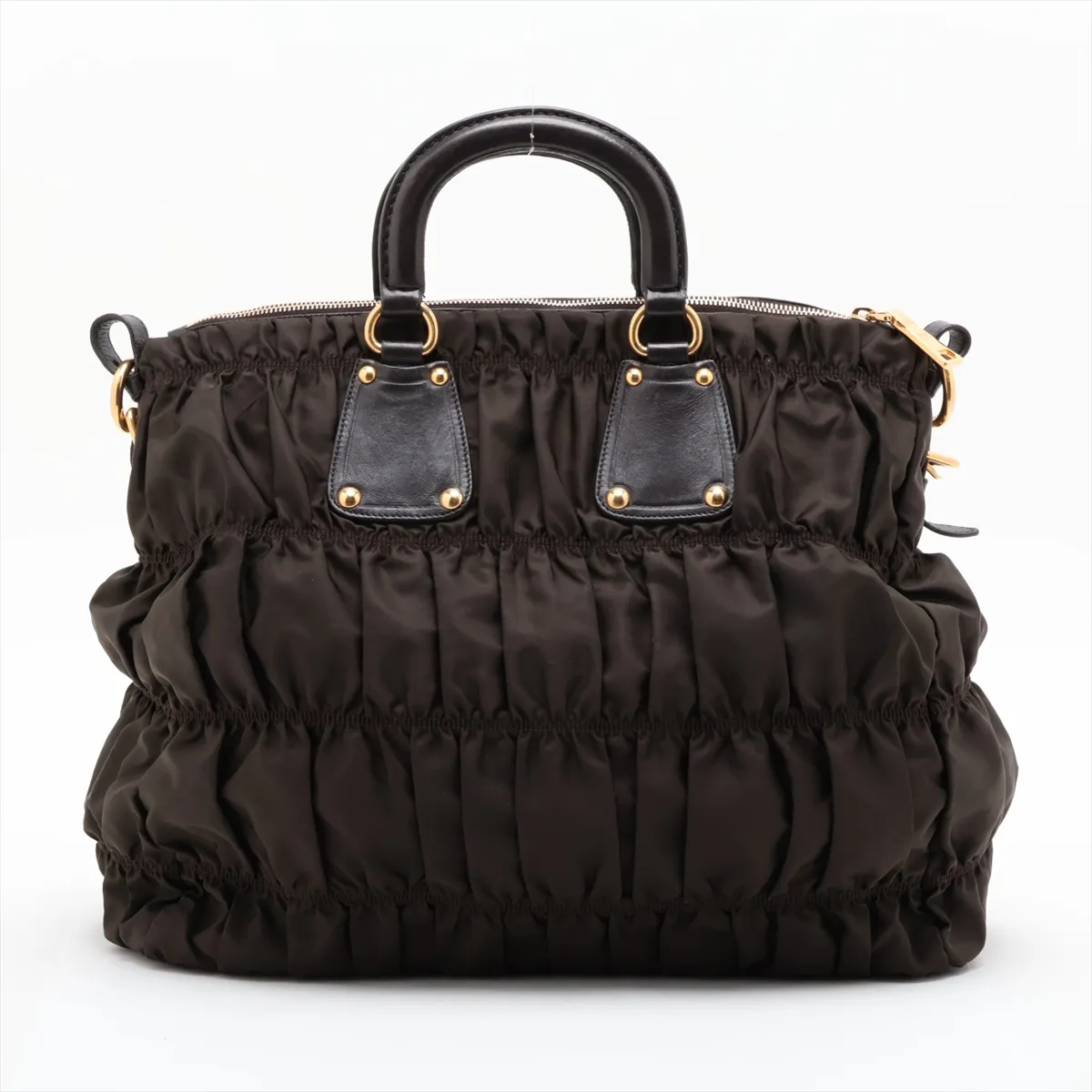 Gathered BN1935 Nylon x Leather 2-Way Handbag Khaki x Brown — view 2