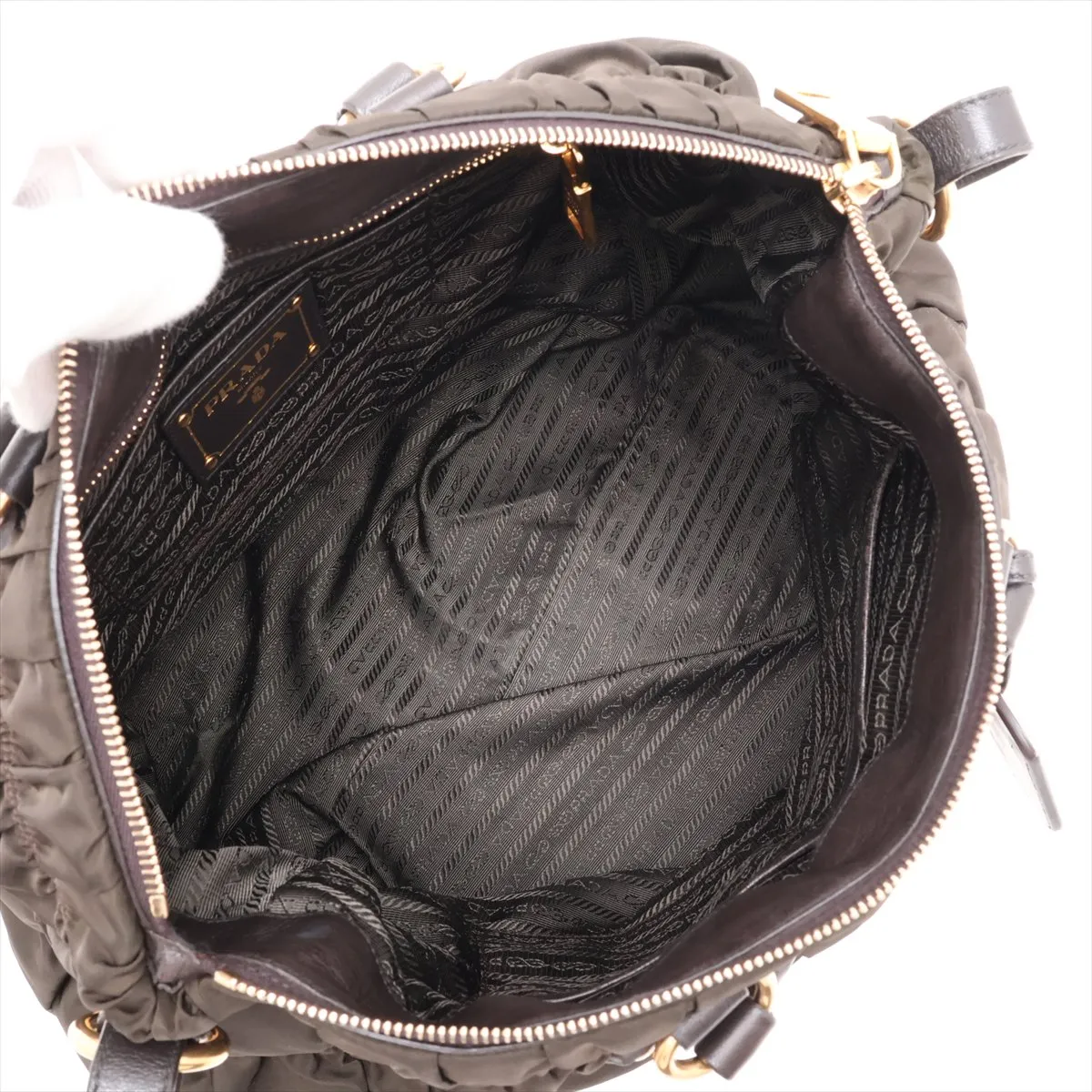 Gathered BN1935 Nylon x Leather 2-Way Handbag Khaki x Brown — view 8