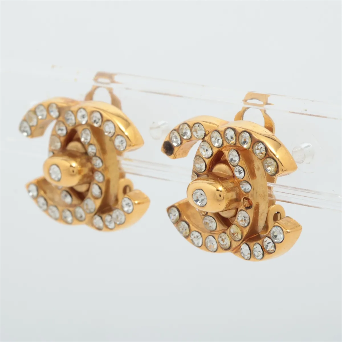 Coco Mark Turnlock 96A Earrings (Pair) GP x Rhinestone Gold. Shows signs of wear: — view 3