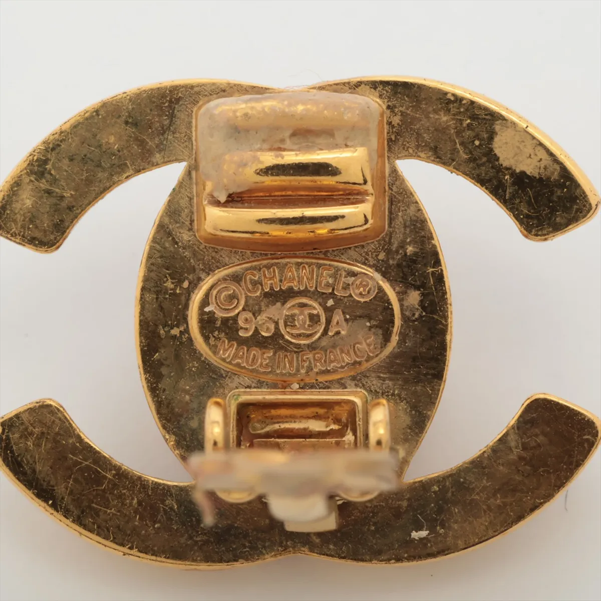Coco Mark Turnlock 96A Earrings (Pair) GP x Rhinestone Gold. Shows signs of wear: — view 5