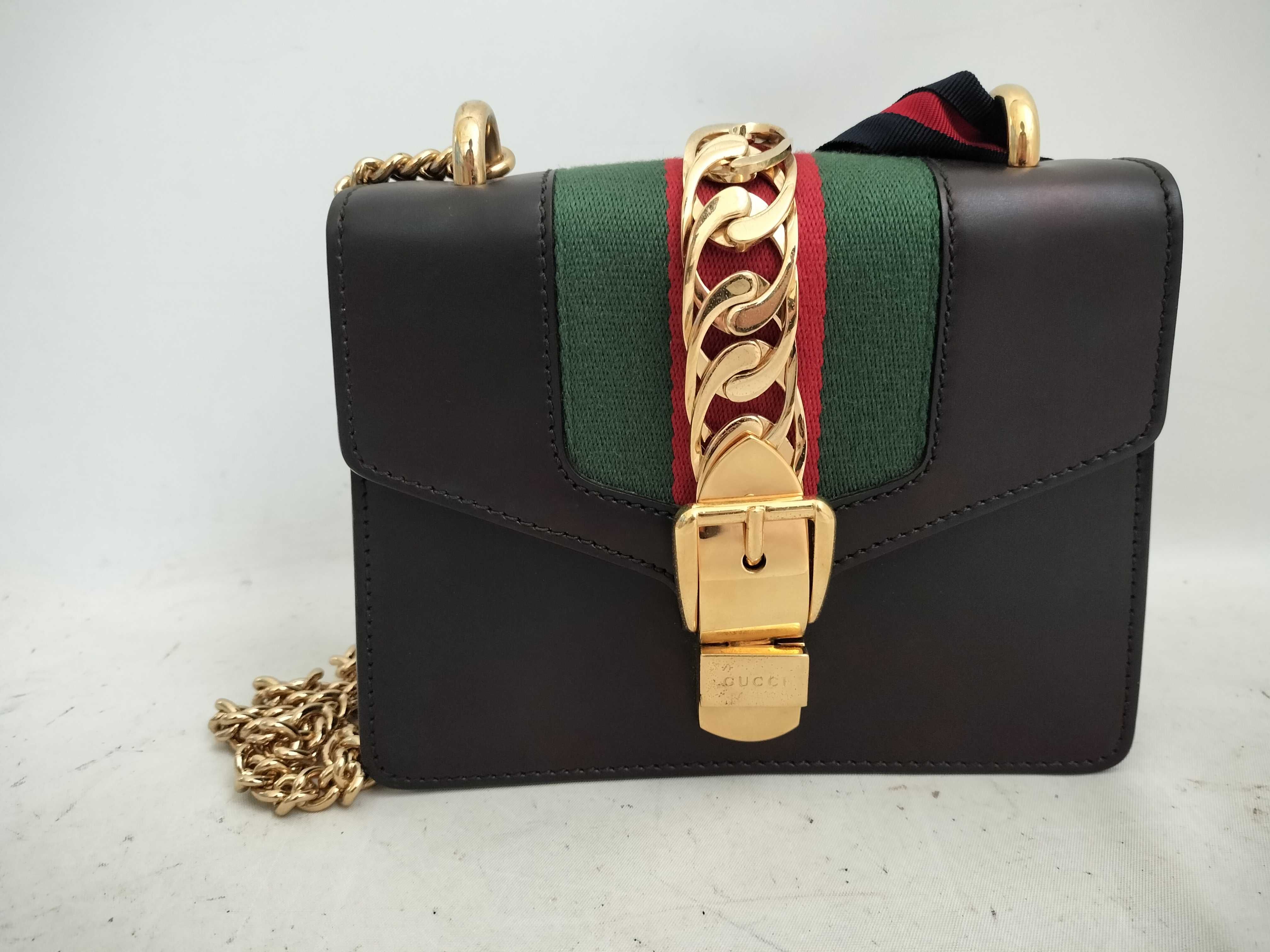 Webbing Gucci 431666 Sylvie Web Line Ribbon Mini Chain Bag Shoulder Bag Pouch Leather Black Gold Hardware Shoulder Bag