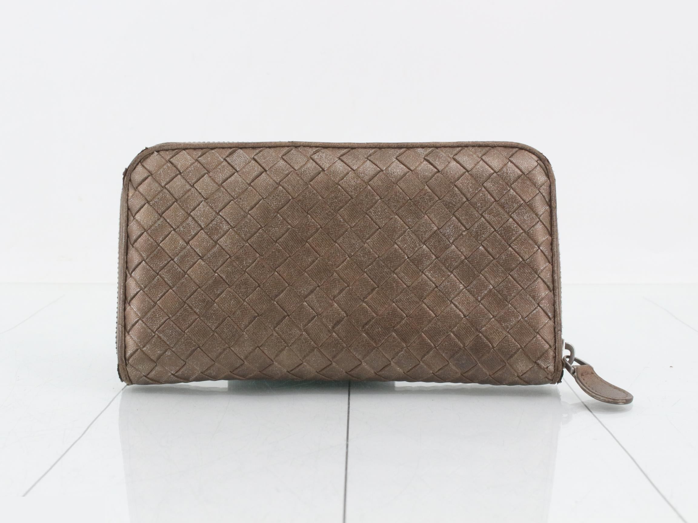 Intrecciato Round Zipper Long Wallet, Gold — view 2