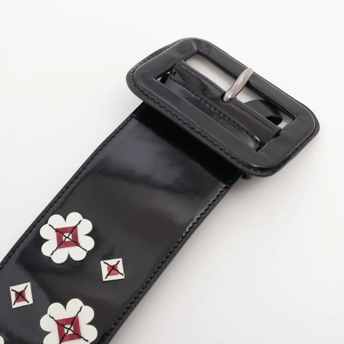 belt, size 85, leather and patent leather, black. Shows signs of wear, including — view 2