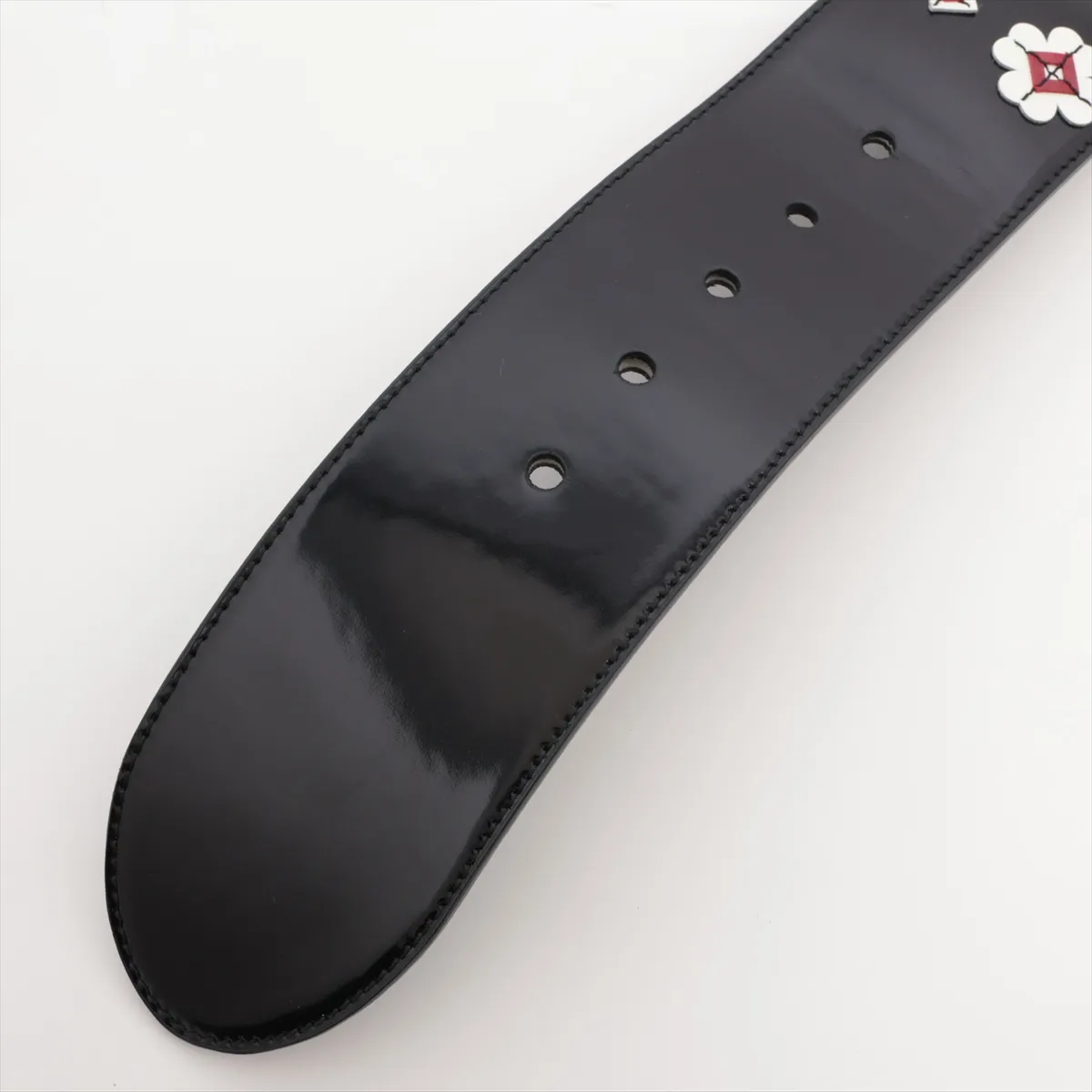 belt, size 85, leather and patent leather, black. Shows signs of wear, including — view 3