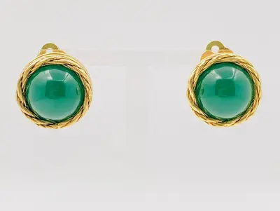 Round Earrings with Colored Stones, Engraved 2070, Green x Gold Earrings
