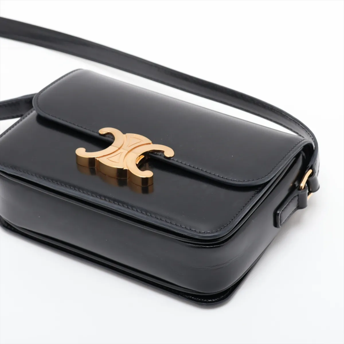 Triomphe Teen Leather Shoulder Bag, Black — view 3