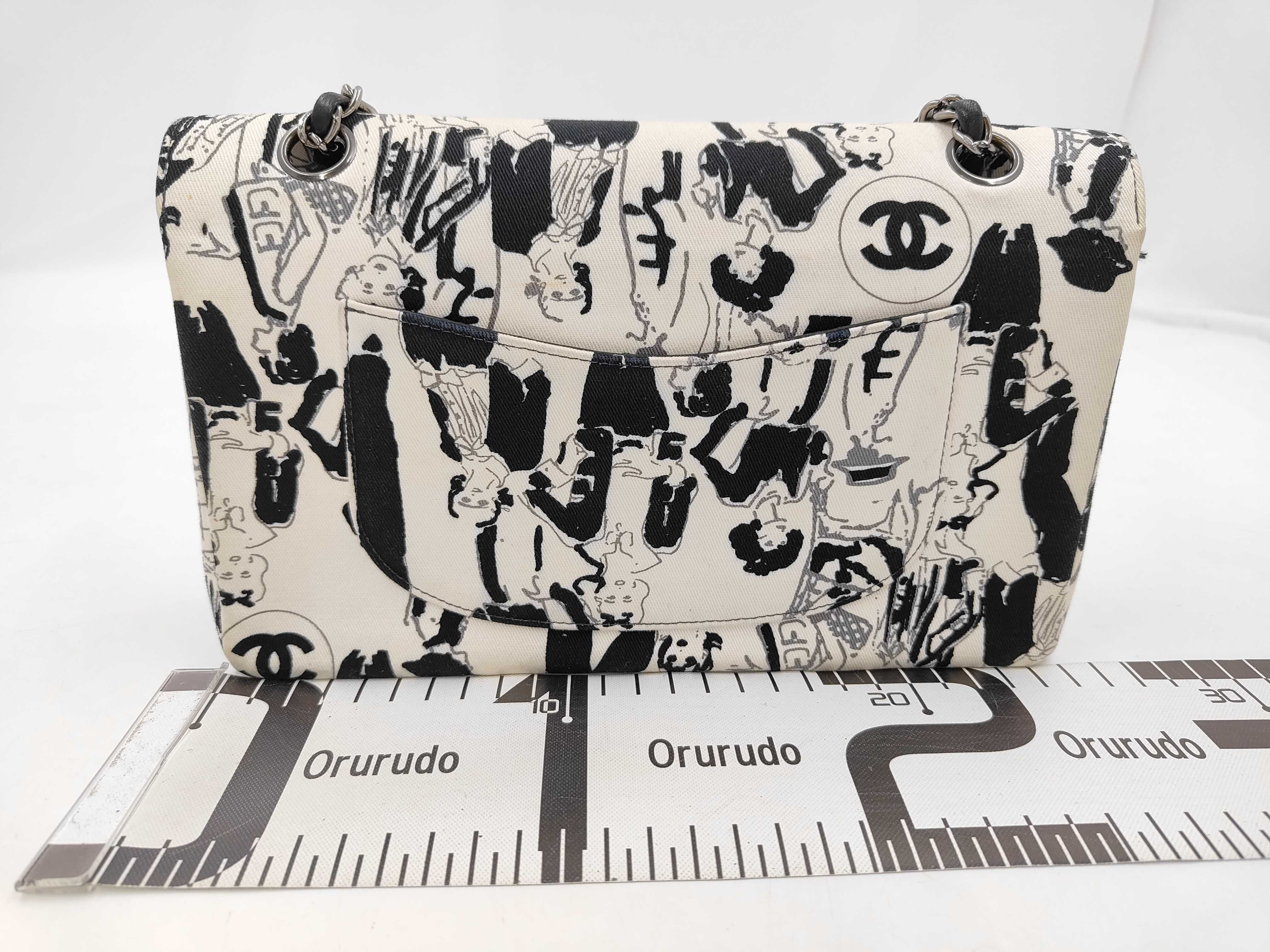 Double Flap Graphic Canvas Shoulder Bag (White & Black) — view 2