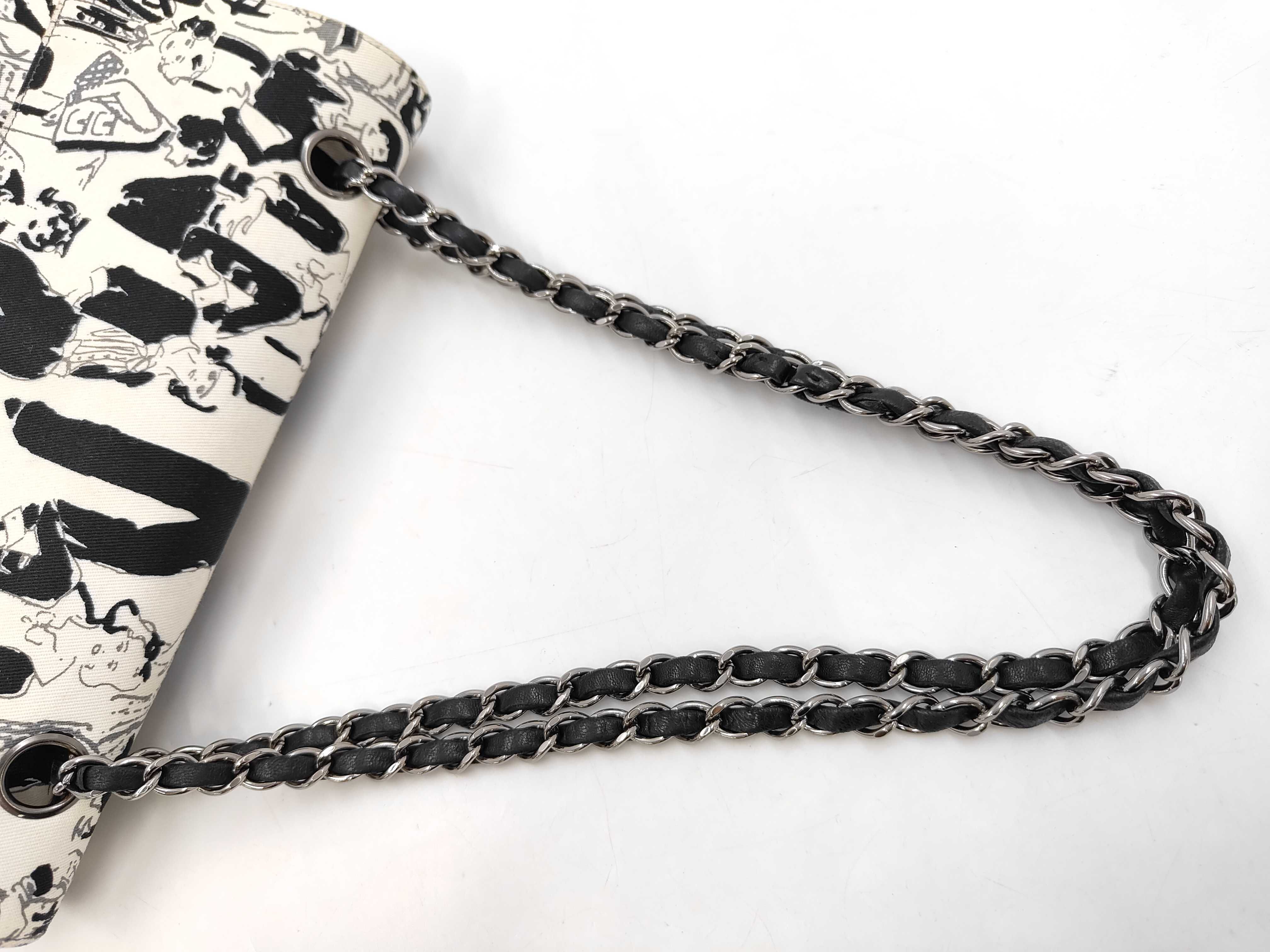 Double Flap Graphic Canvas Shoulder Bag (White & Black) — view 3