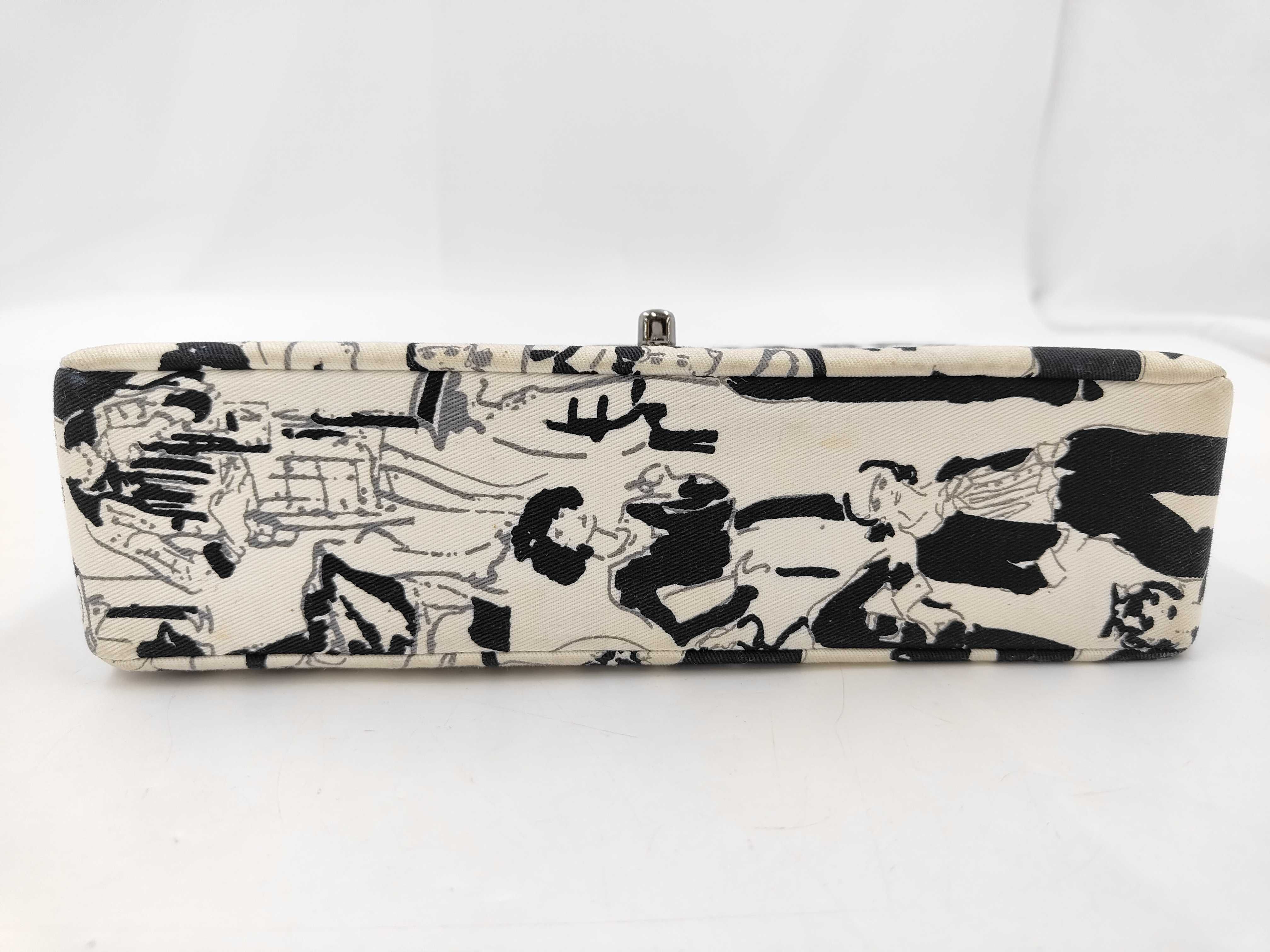 Double Flap Graphic Canvas Shoulder Bag (White & Black) — view 6