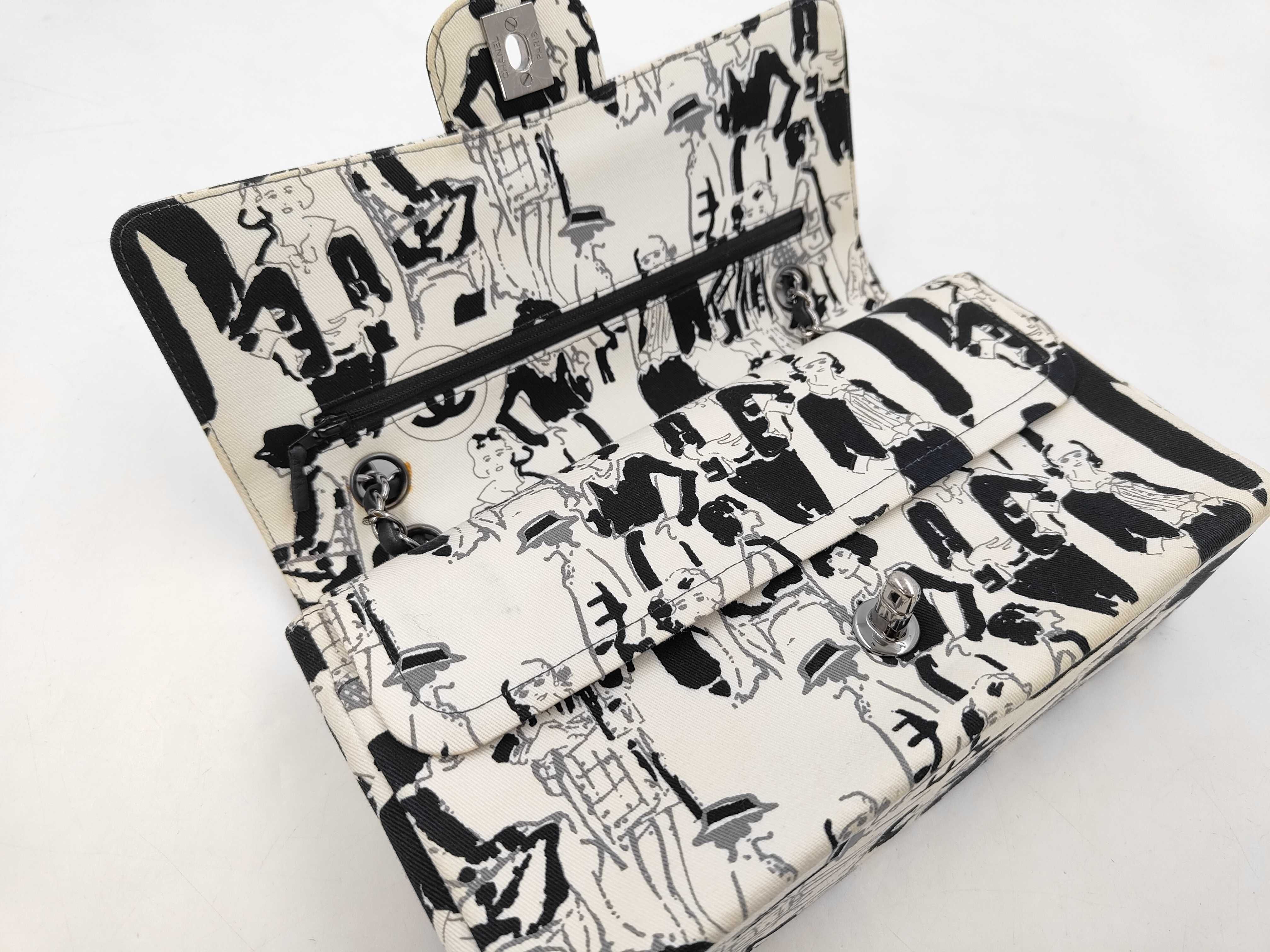 Double Flap Graphic Canvas Shoulder Bag (White & Black) — view 7