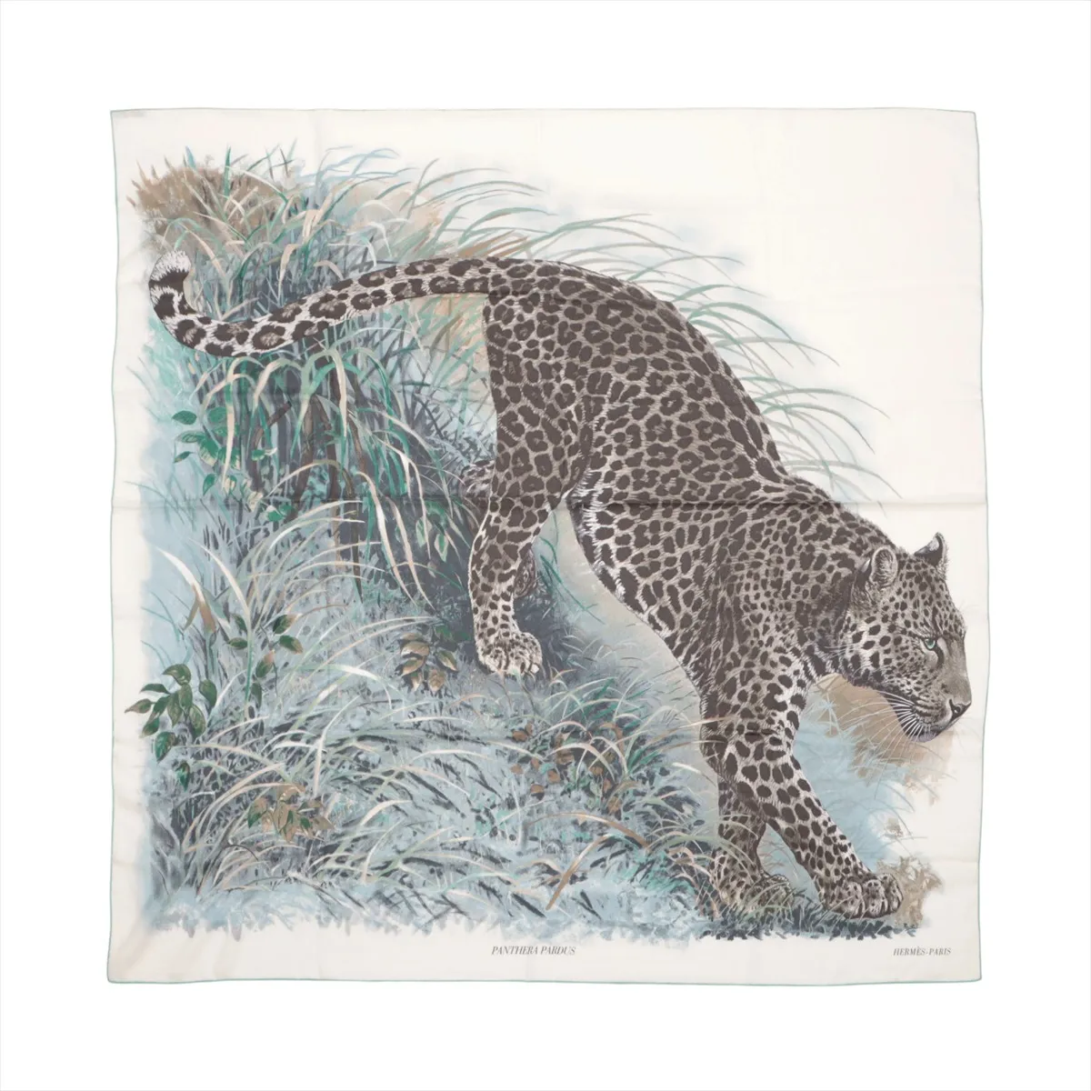 Carre 140 Panthera Pardus scarf, cashmere x silk, some wear, snags, pilling.