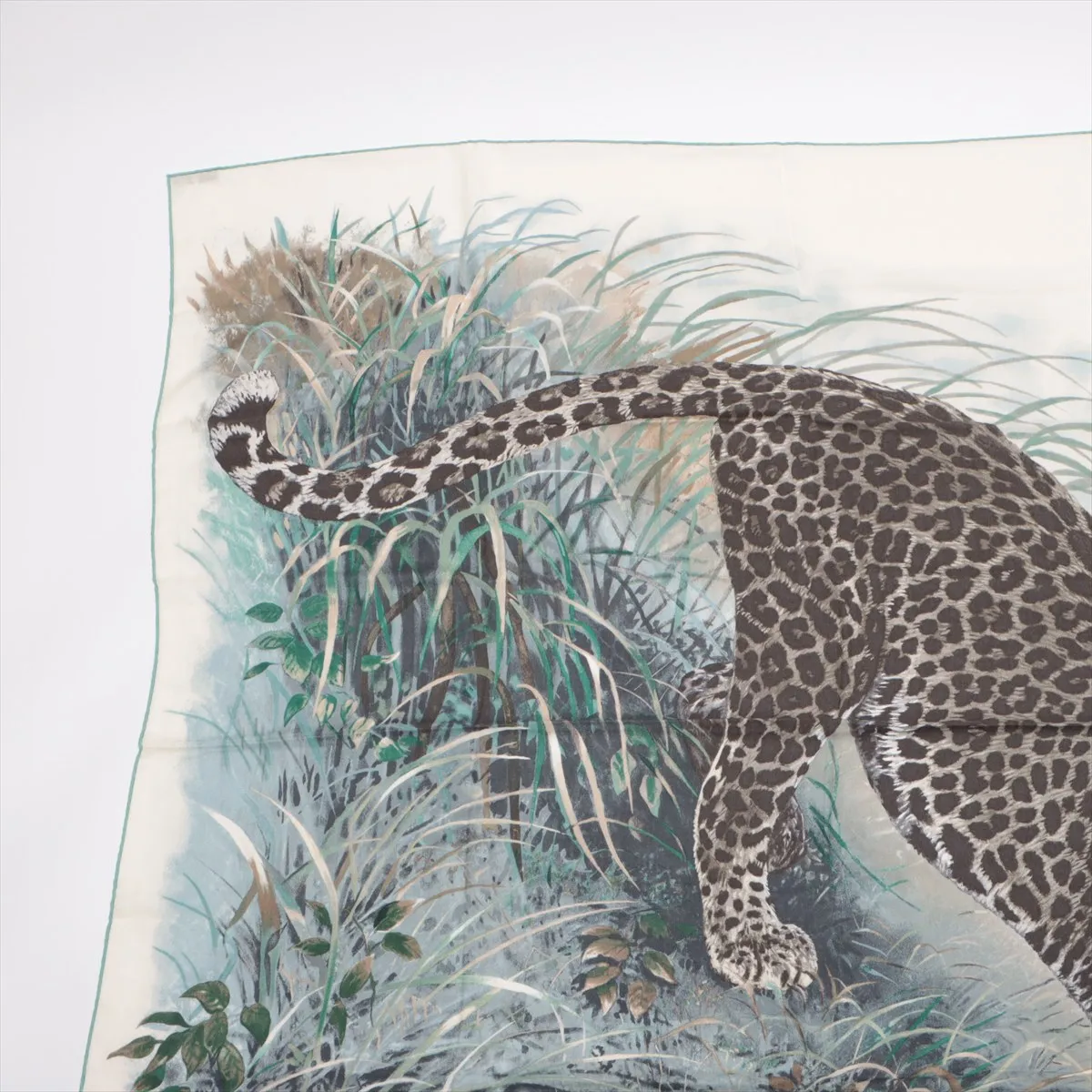 Carre 140 Panthera Pardus scarf, cashmere x silk, some wear, snags, pilling. — view 2
