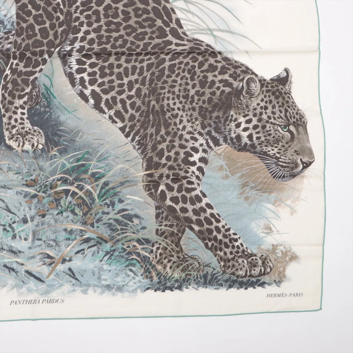 Carre 140 Panthera Pardus scarf, cashmere x silk, some wear, snags, pilling. — view 4