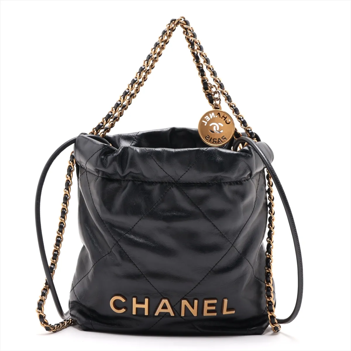 22 Mini Shiny Calfskin 2-Way Shoulder Bag Black Gold Hardware UXX5H0N7 Random Plate AS3980