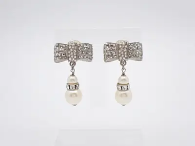 earrings, size 13B, ribbon design, rhinestones, pearls, 3.5 cm in height.