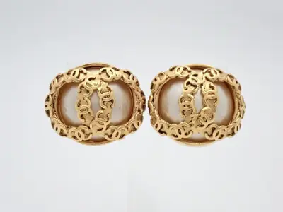 Earrings, Coco Mark design, gold, pearl