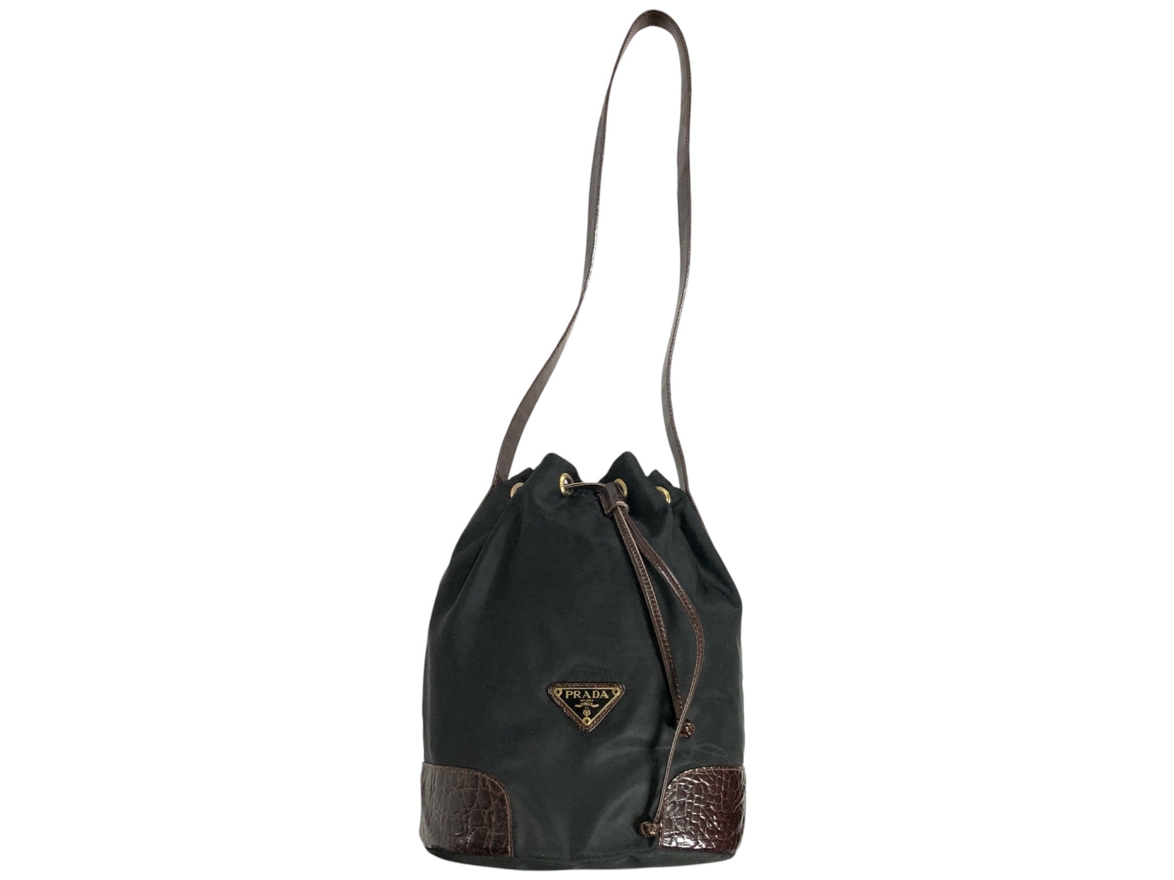 drawstring shoulder bag with triangular logo plate and crocodile embossed leather. — view 3