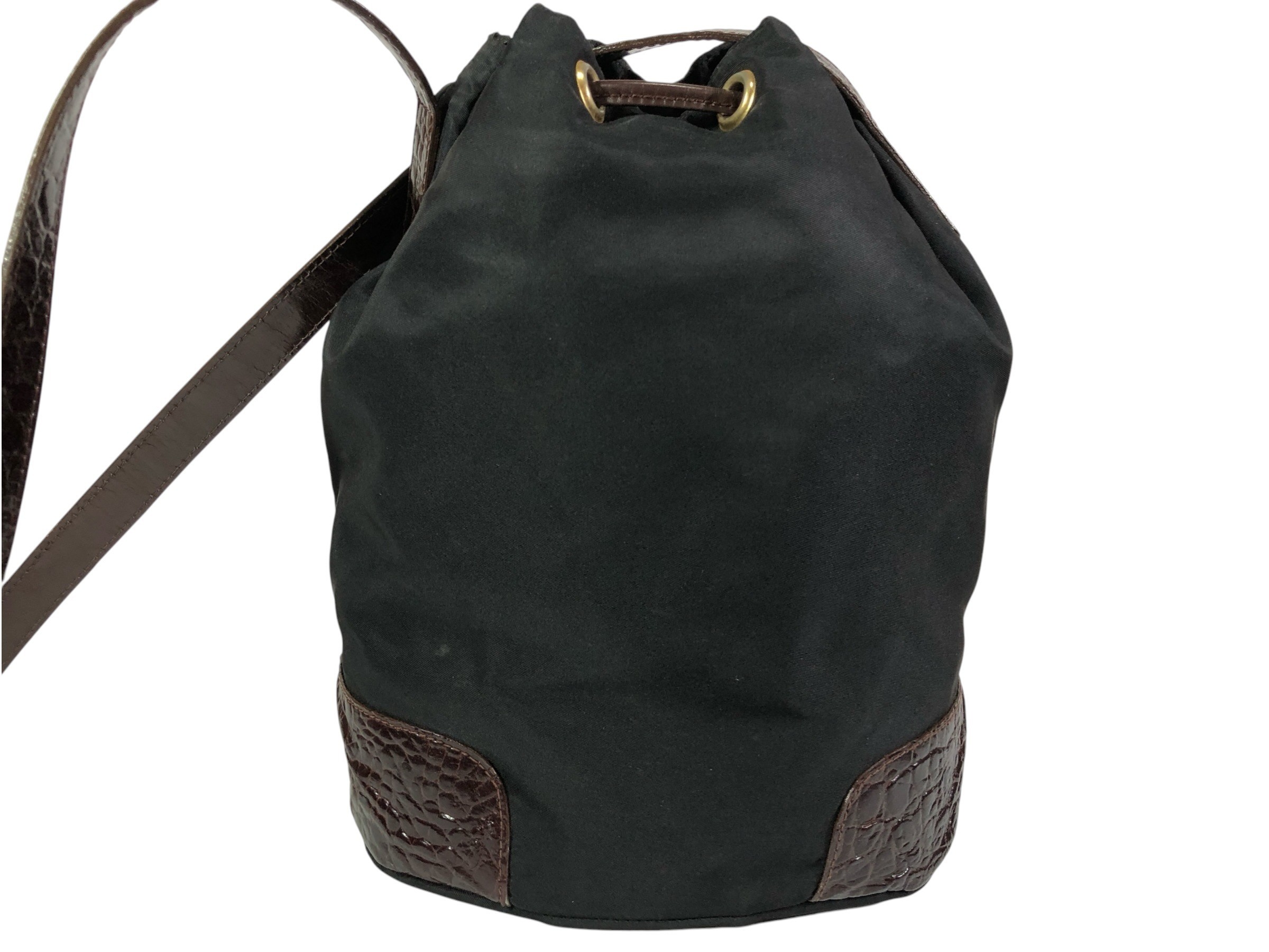 drawstring shoulder bag with triangular logo plate and crocodile embossed leather. — view 4