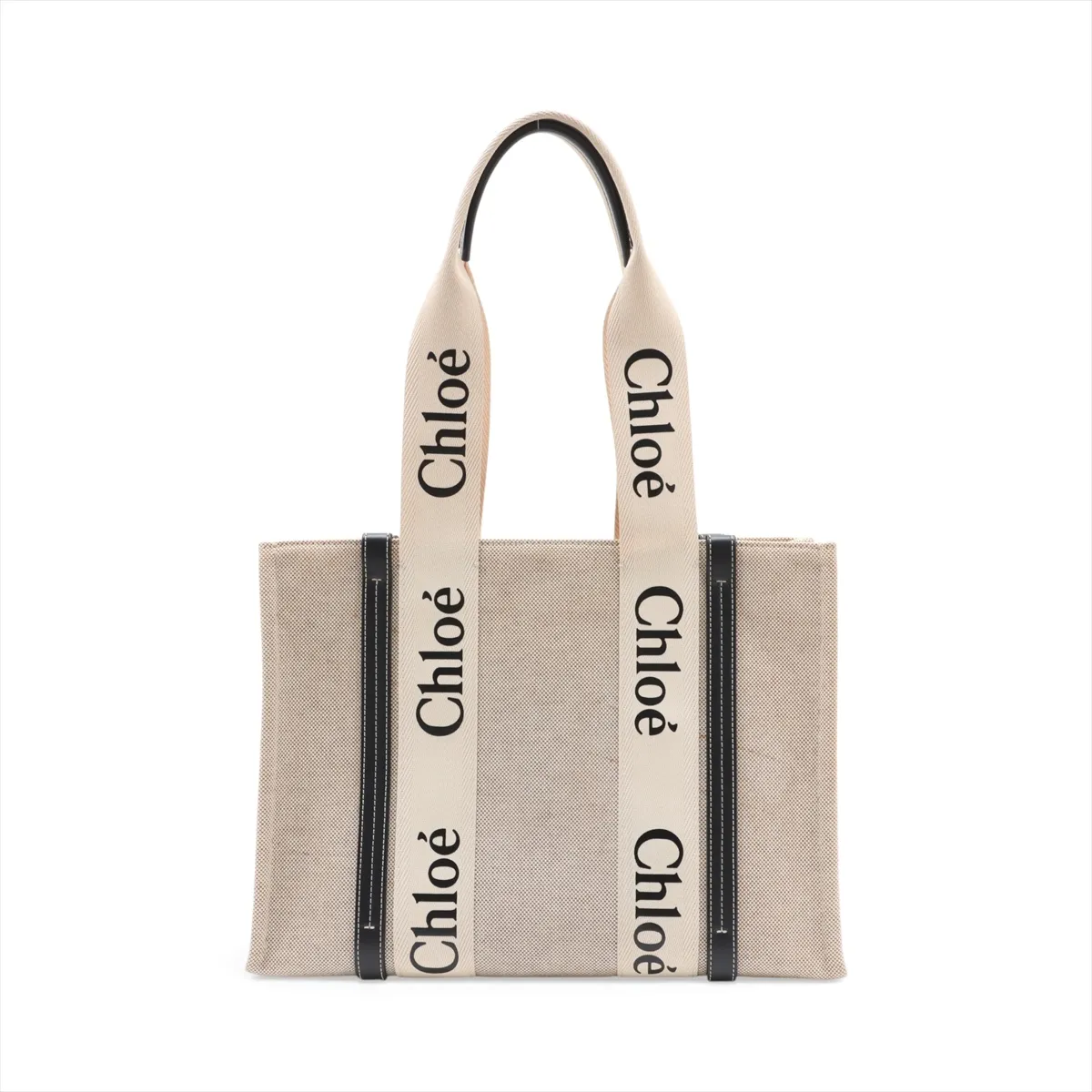 Woody Medium Canvas Tote Bag, Beige x Navy — view 2