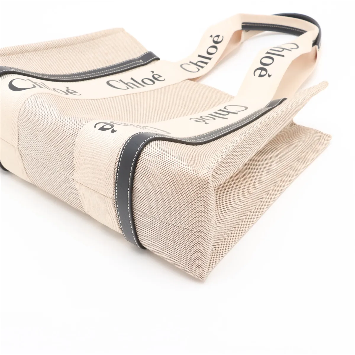 Woody Medium Canvas Tote Bag, Beige x Navy — view 3