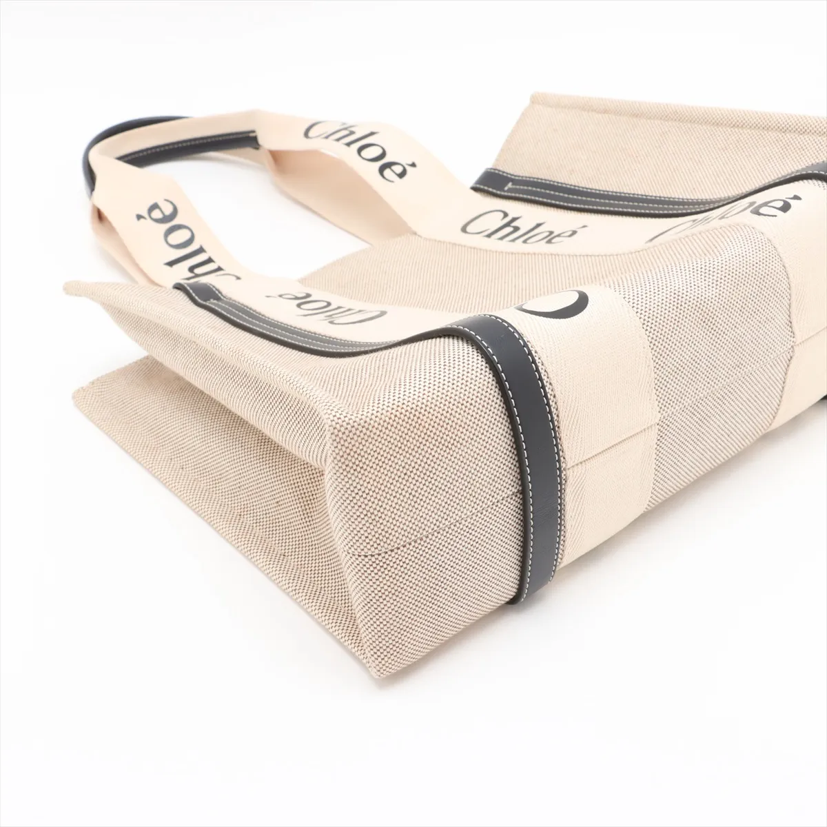 Woody Medium Canvas Tote Bag, Beige x Navy — view 4
