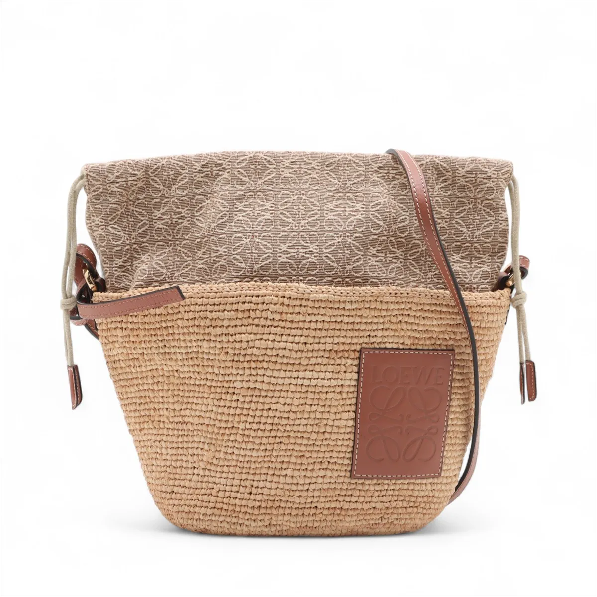 Anagram Parrot Pochette Bag, Raffia x Leather Shoulder Bag, Beige x Brown