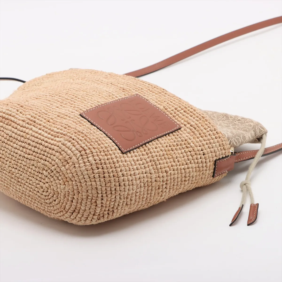 Anagram Parrot Pochette Bag, Raffia x Leather Shoulder Bag, Beige x Brown — view 3